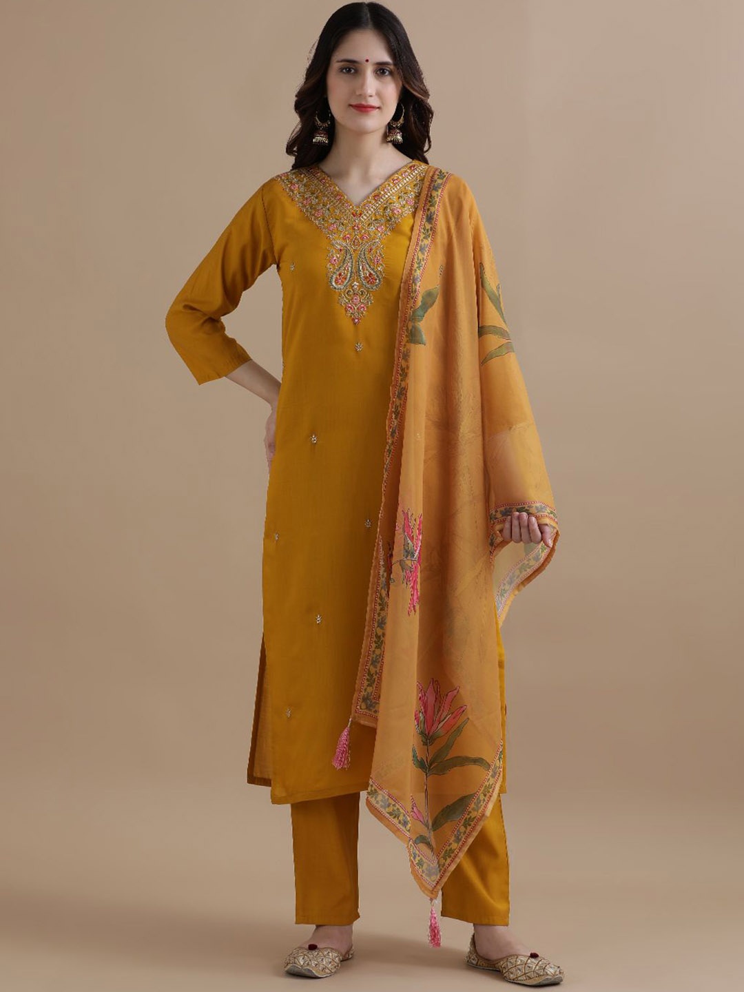 

Jaipur Kurti Women Ethnic Motifs Embroidered Regular Sequinned Chanderi Cotton Kurta with Trousers & With, Mustard