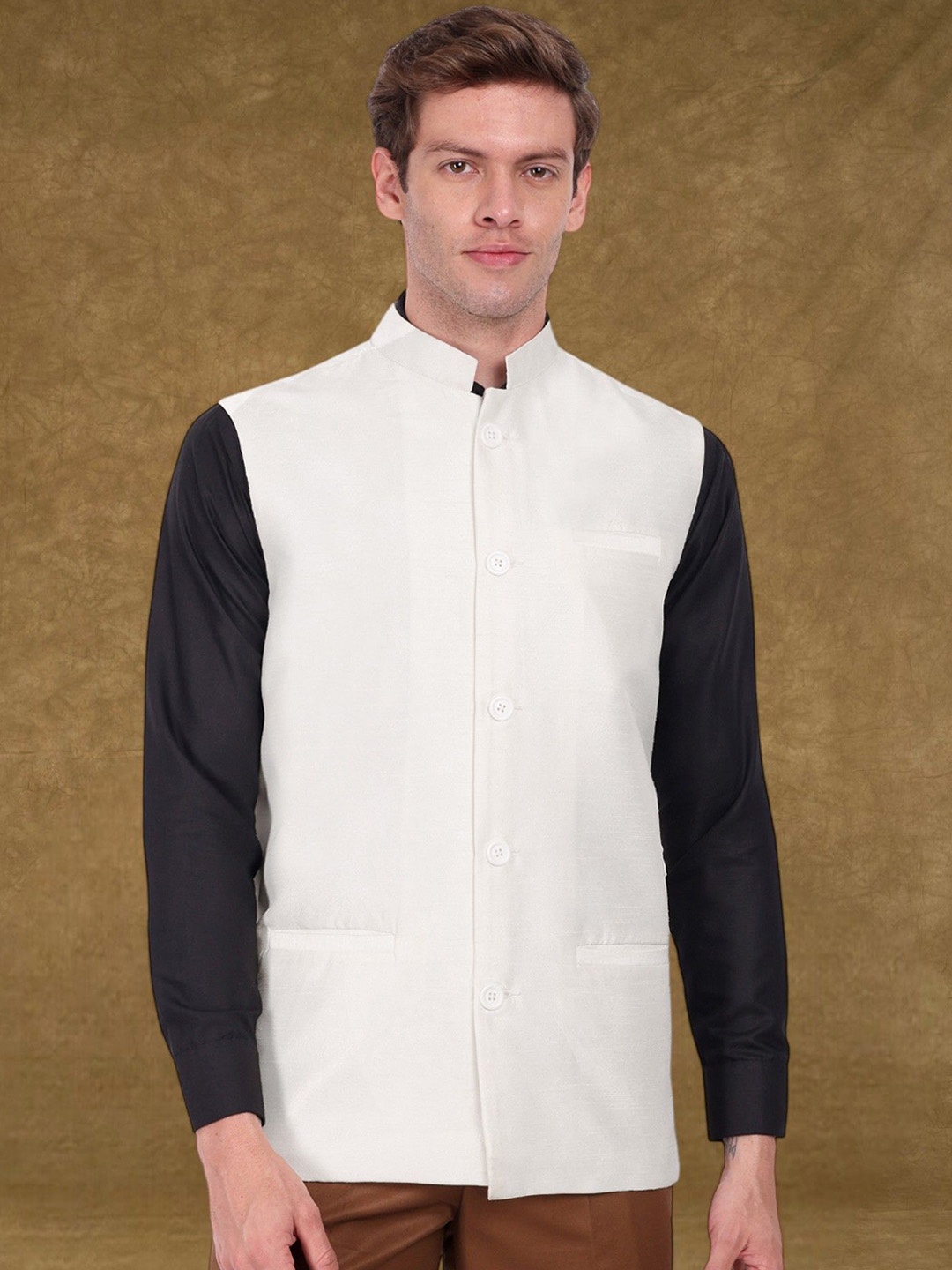 

SKAVIJ Men Mandarin Collar Woven Nehru Jacket, Off white