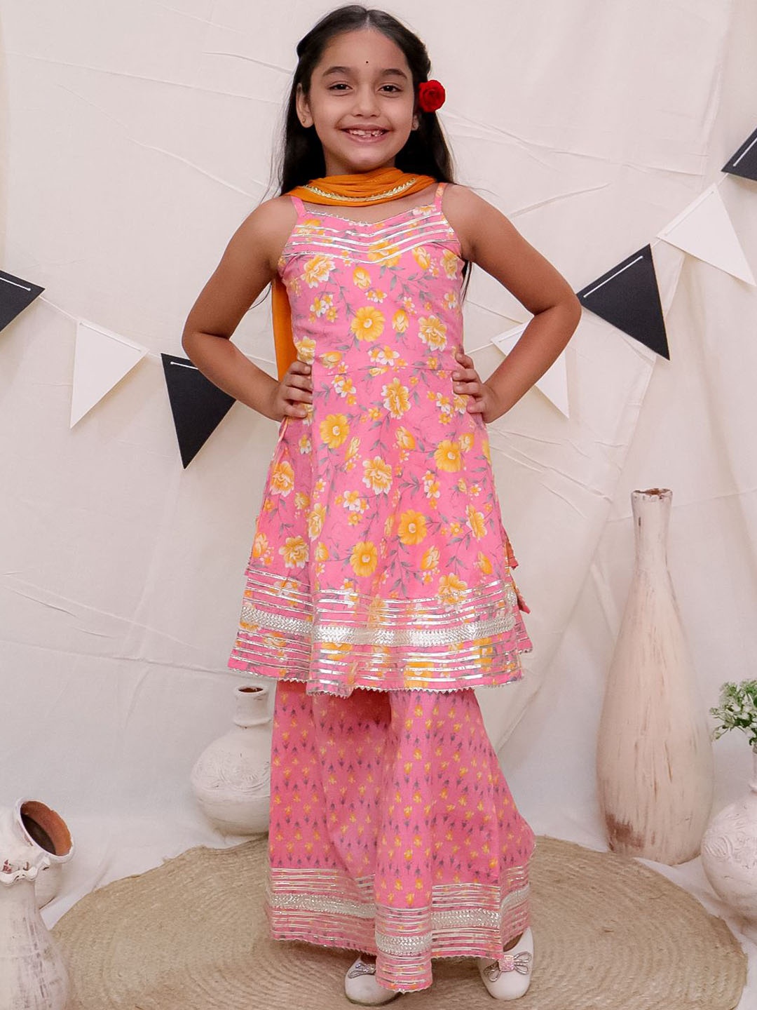 

Ka-mee Girls Floral Printed Regular Zardozi Pure Cotton Kurta with Sharara & With Dupatta, Pink