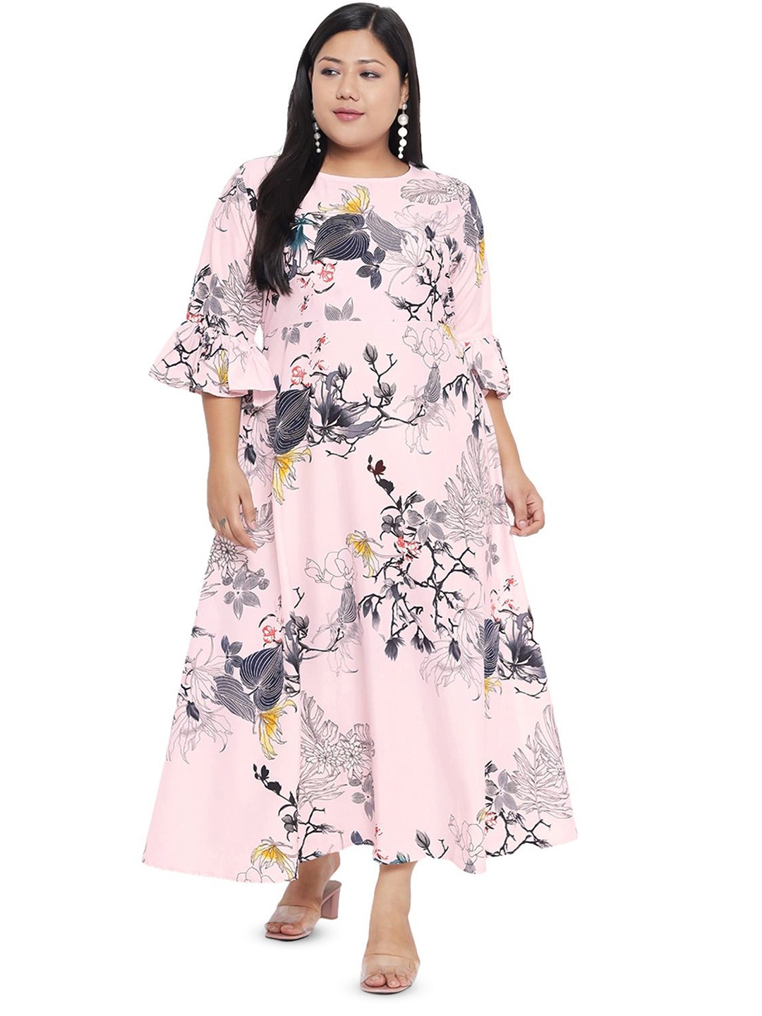 

Indietoga Women Plus Size Floral Printed Bell Sleeve Maxi Dress, Pink
