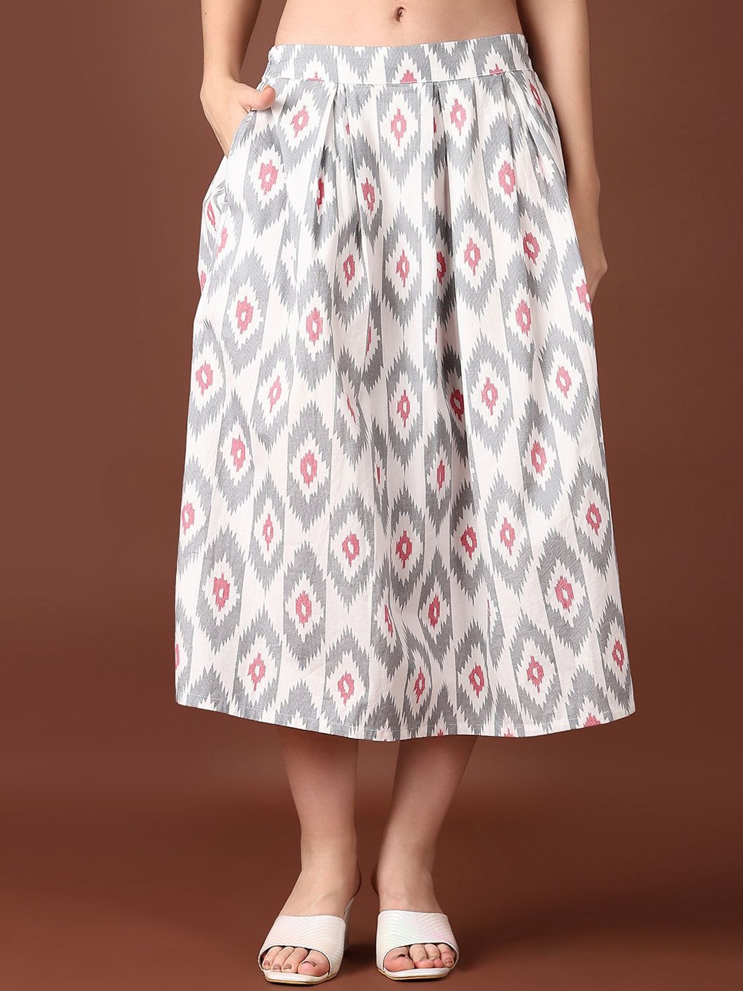 

V-Mart Women Ethnic Printed Cotton A-Line Midi Skirt, Grey