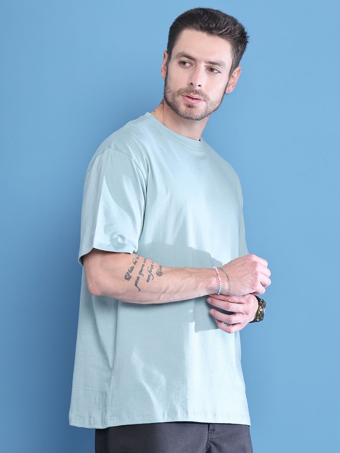 

DOOR74 Men Drop-Shoulder Sleeves T-shirt, Teal