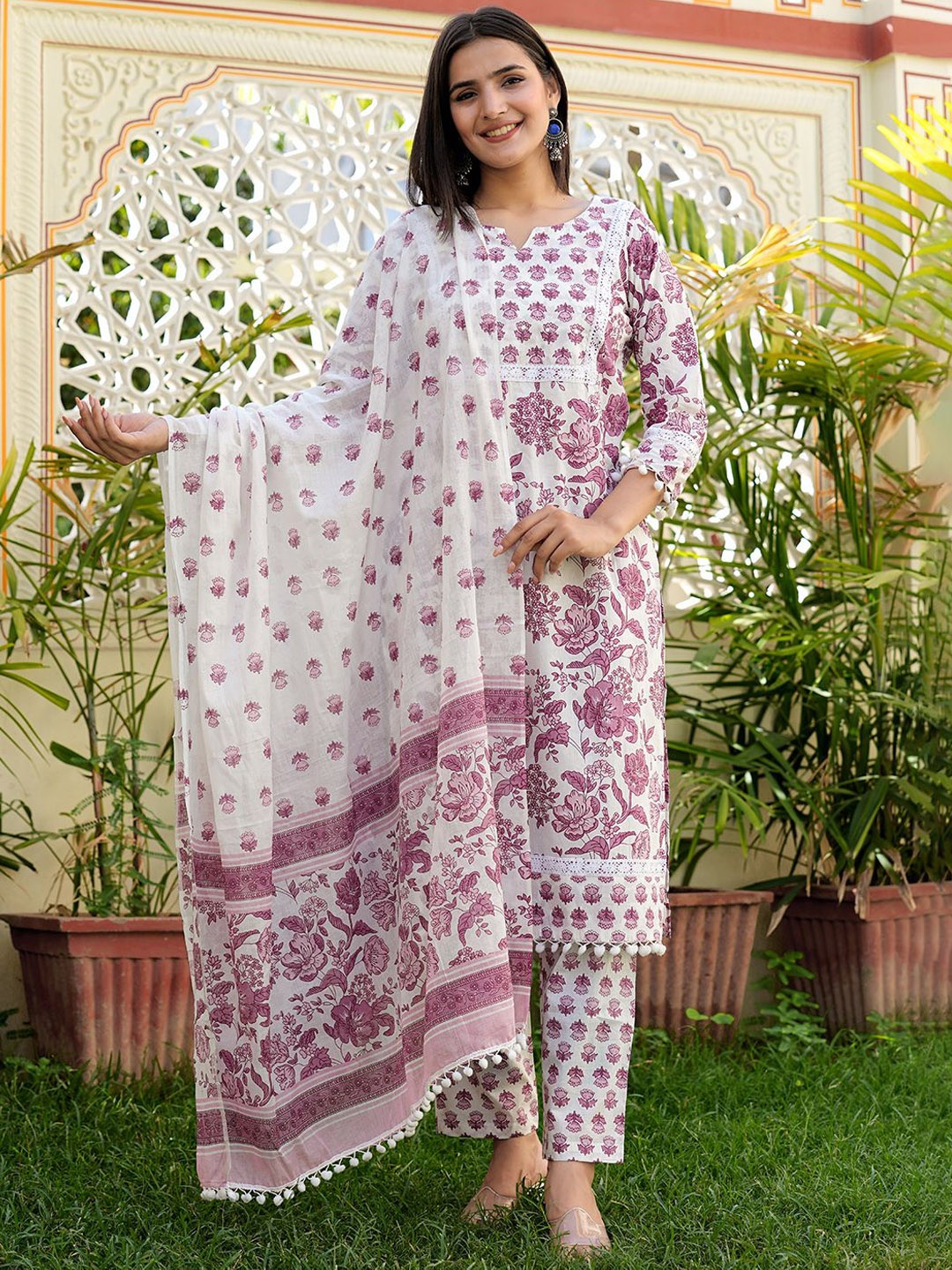 

ERISHA Women Floral Embroidered Regular Beads and Stones Pure Cotton Kurta with Trousers & With Dupatta, White