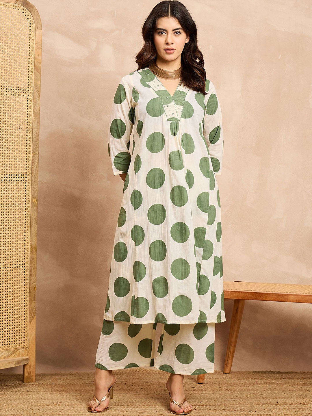 

all about you Polka Dot Printed A-Line Tunic with Palazzos Co-Ords, Off white