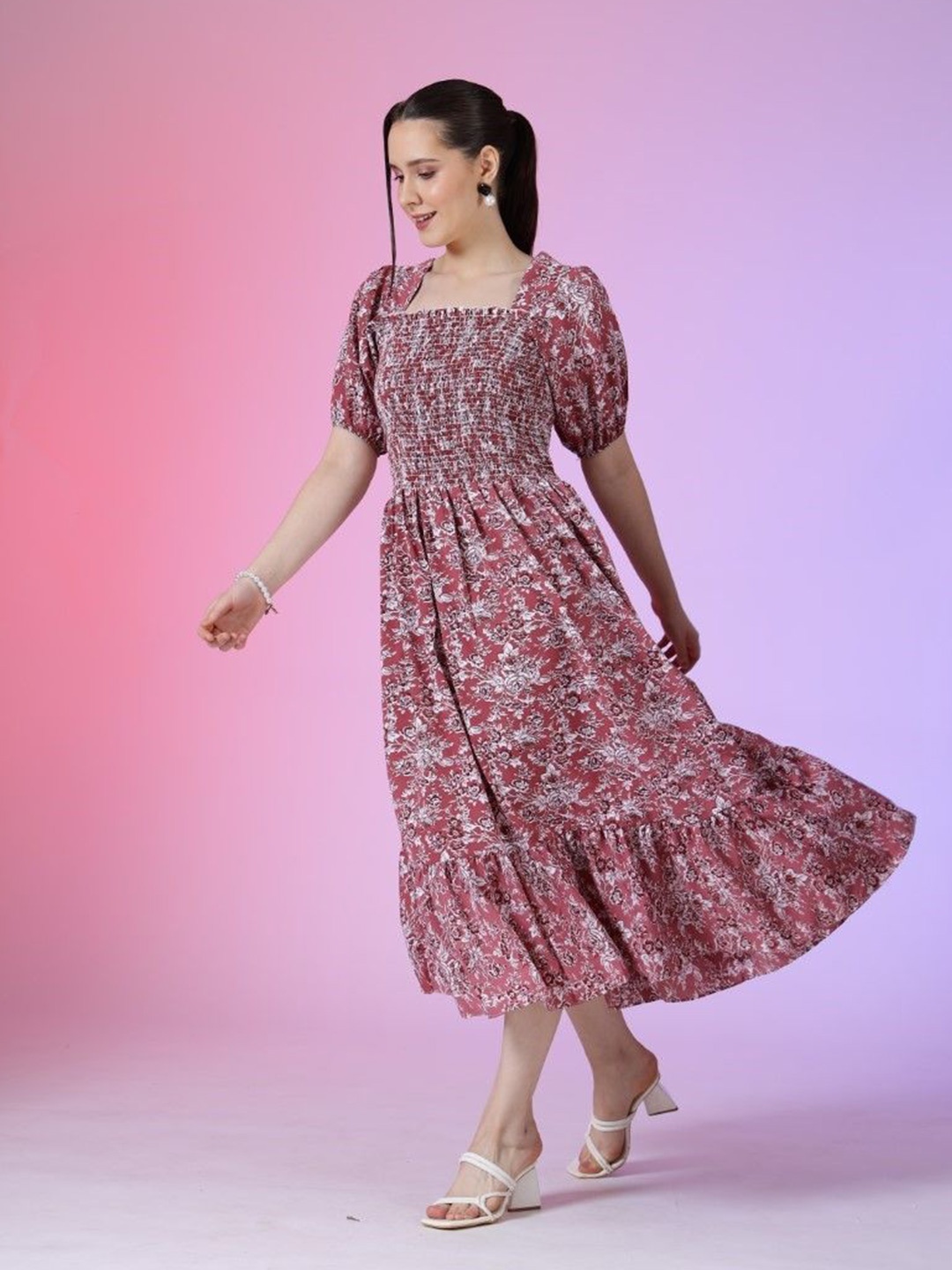 

Femvy Women Printed Square Neck Fit & Flare Midi Dress, Pink