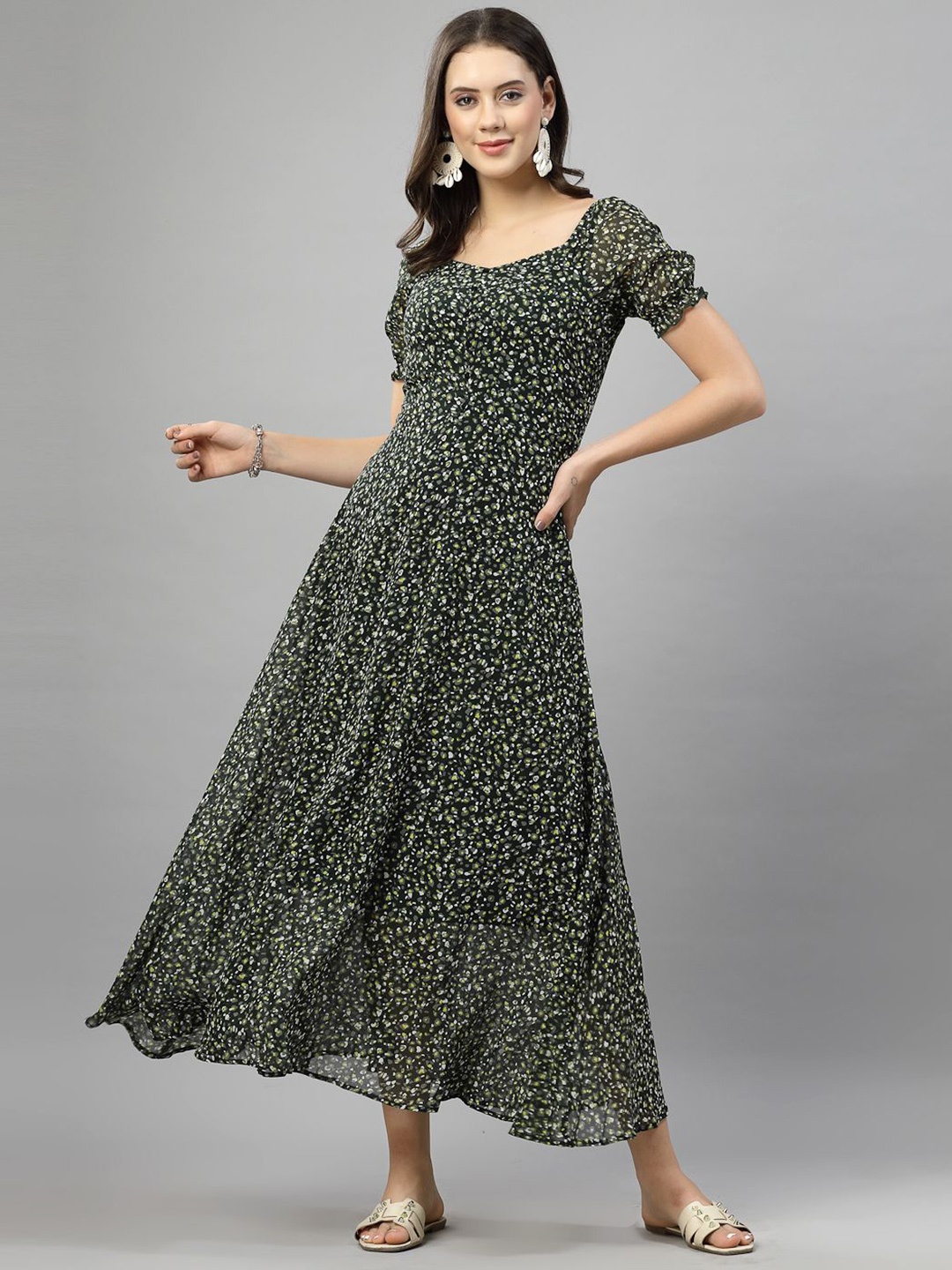 

BAESD Women Floral Print Puff Sleeve Georgette Fit & Flare Midi Dress, Green