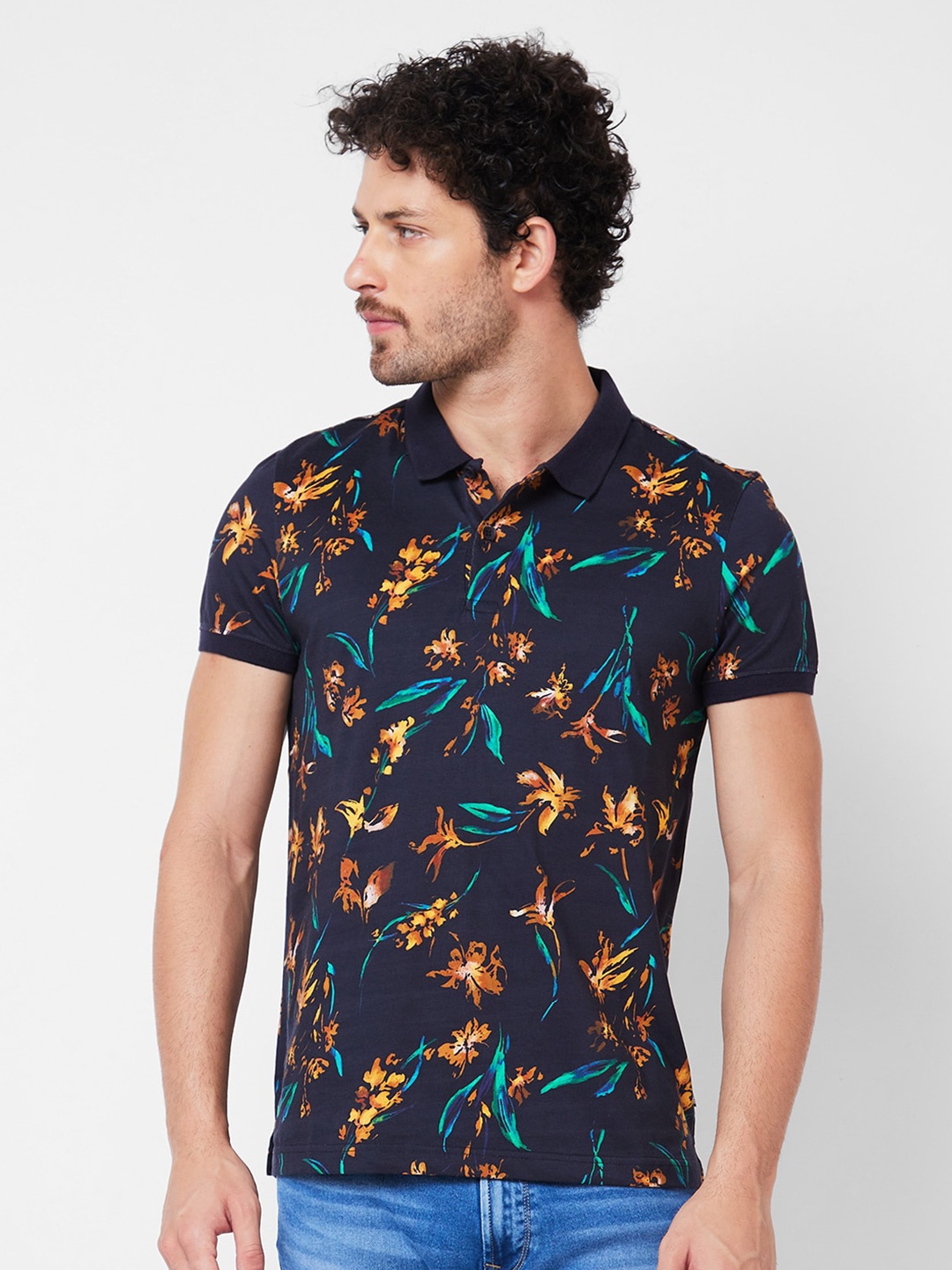 

SPYKAR Floral Printed Polo Collar Tropical Cotton Slim Fit T-shirt, Blue