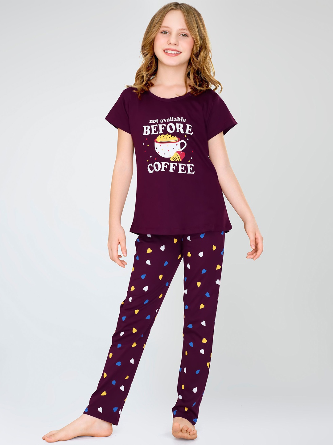 

Zeyo Girls Printed Pure Cotton Night suit, Purple