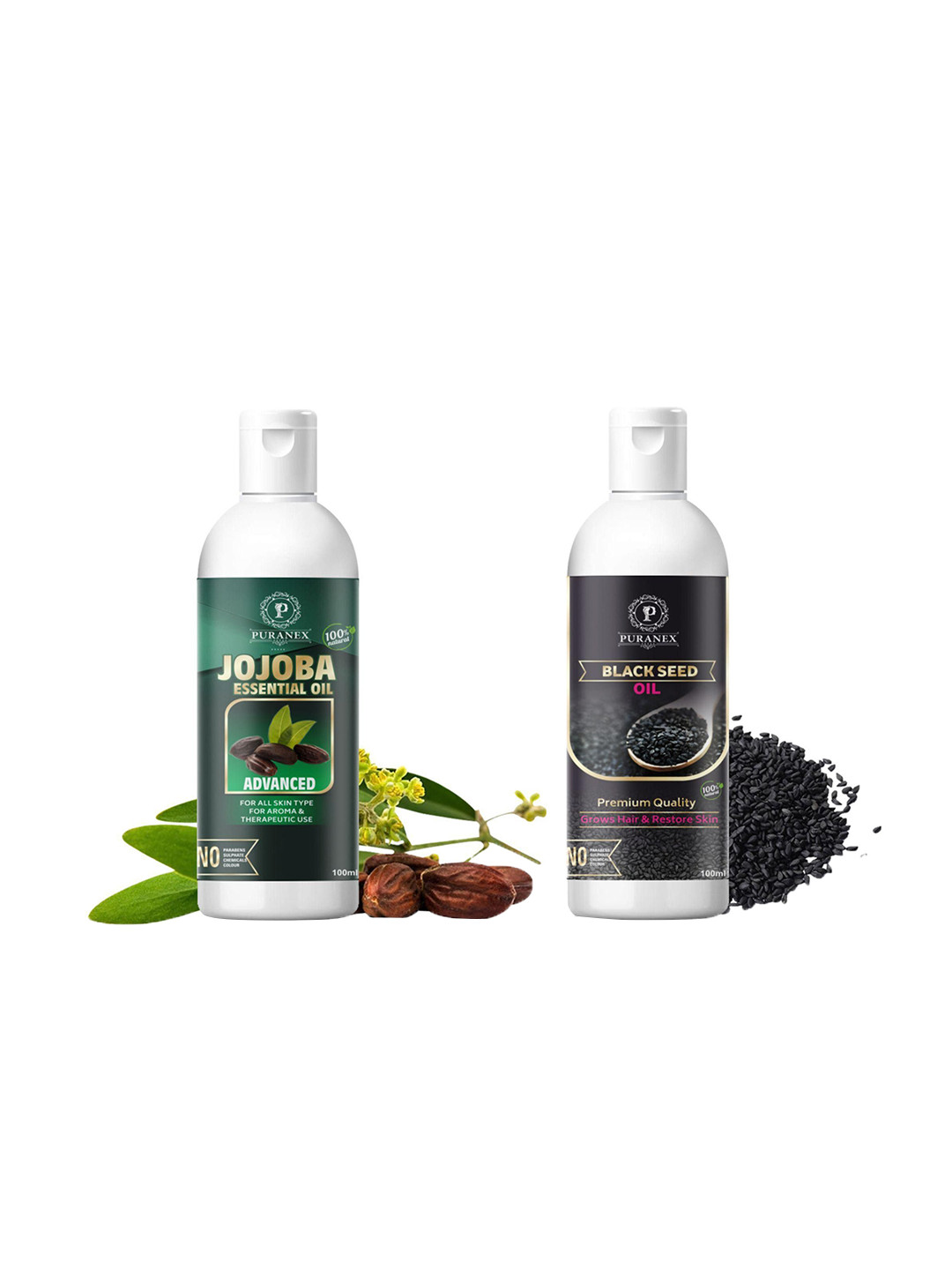 

Puranex Set Of 2 Jojoba Oil & Black Seed Hair & Skin Oils - 100 ml Each, Transparent