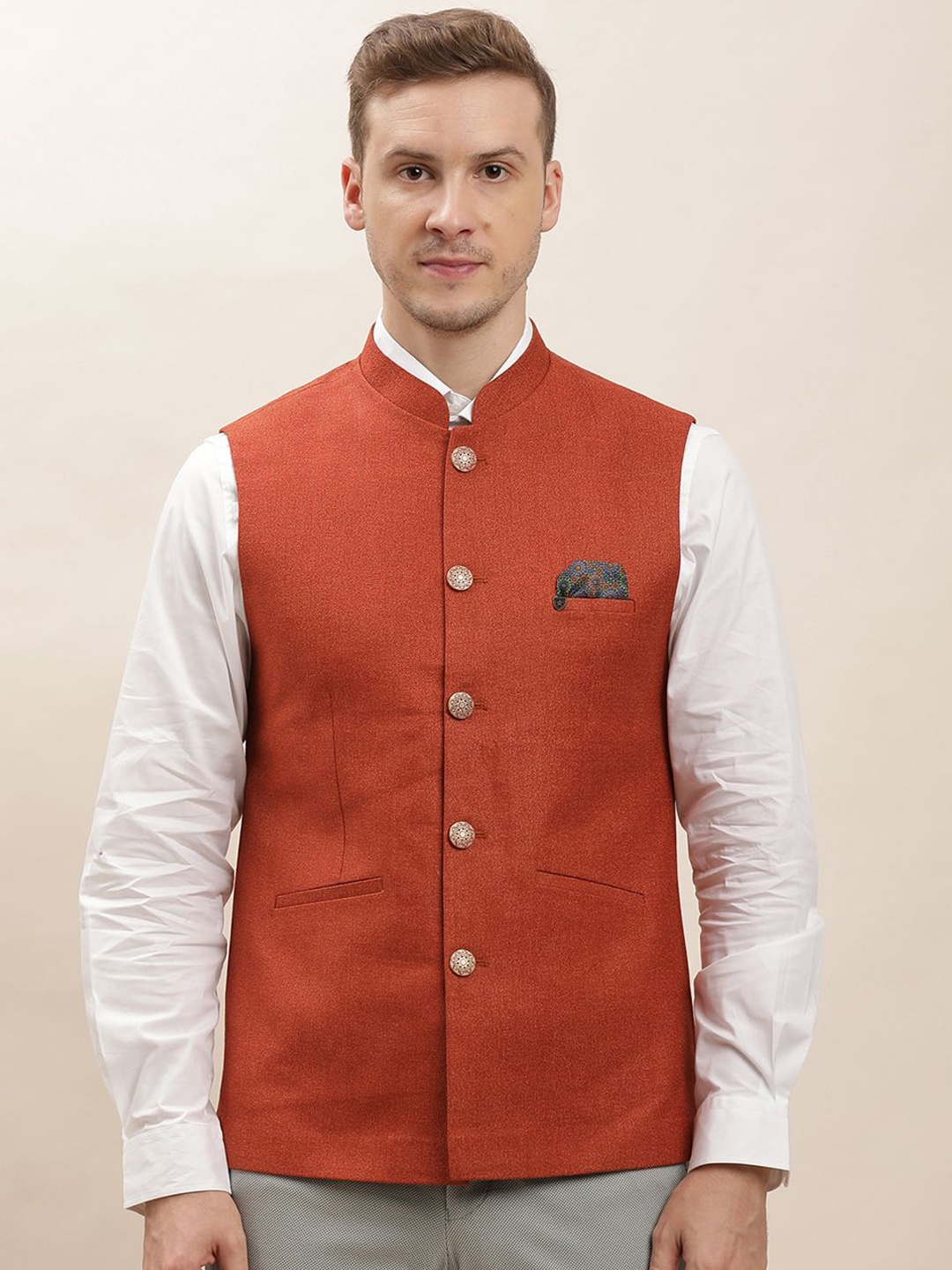 

Turtle Men Textured Pure Cotton Slim Fit Nehru Jacket, Rust