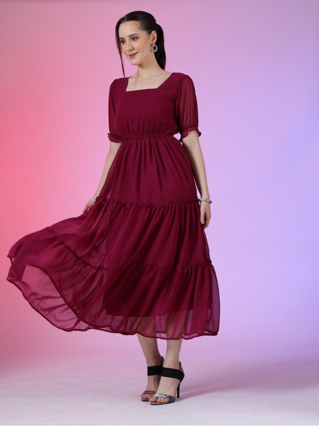 

Femvy Women Square Neck Puff Sleeves Fit & Flare Midi Dress, Magenta