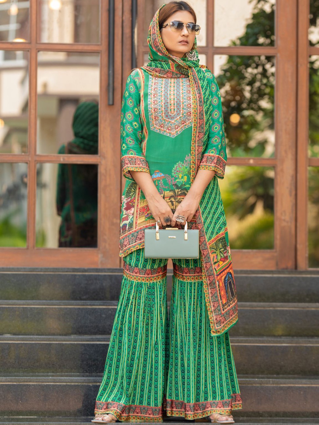 

PIRRA DESIGNS Women Ethnic Motifs Printed Regular Sequinned Silk Crepe Kurti with Sharara & With Dupatta, Green