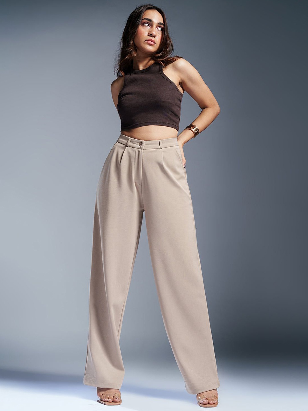 

FREAKINS Women Relaxed Straight Leg Straight Fit High-Rise Korean Pants, Beige