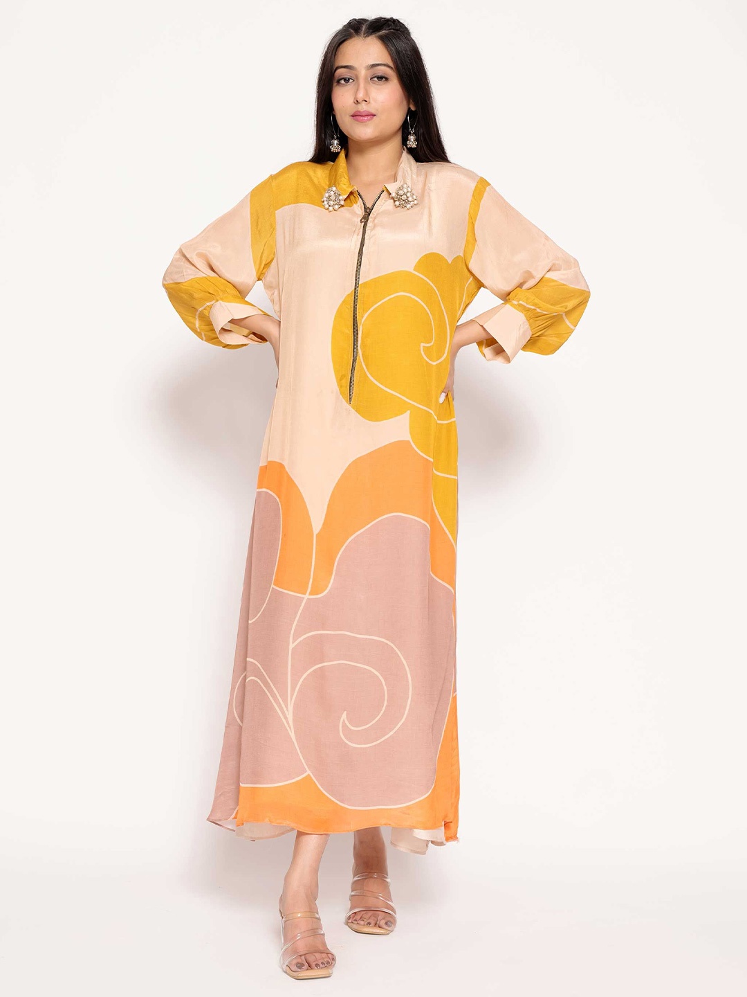 

AFFAIRE'S BY LEVELL5 Women Printed A-Line Midi Dress, Yellow