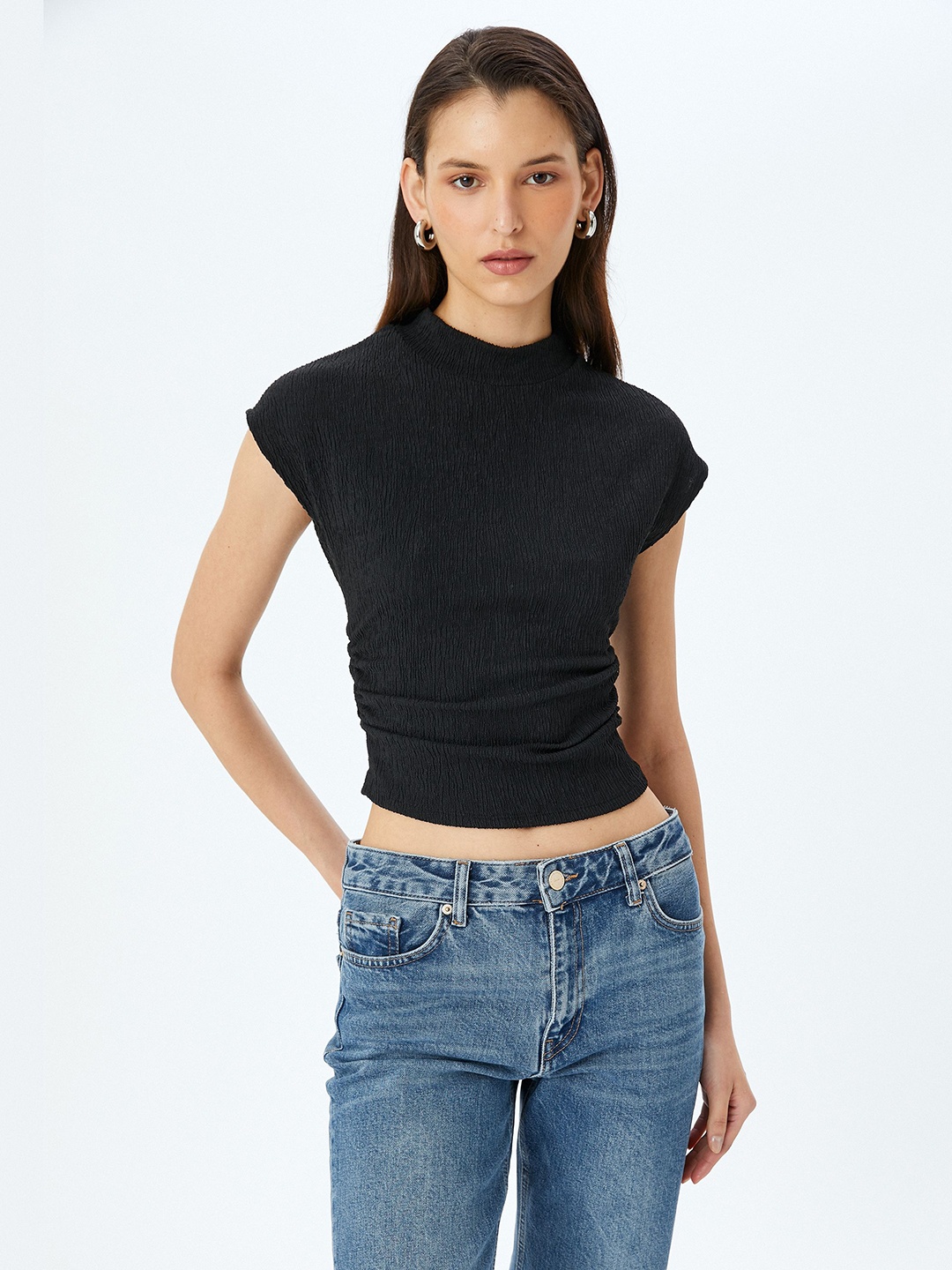 

Koton Women High Neck Extended Sleeves Pockets T-shirt, Black