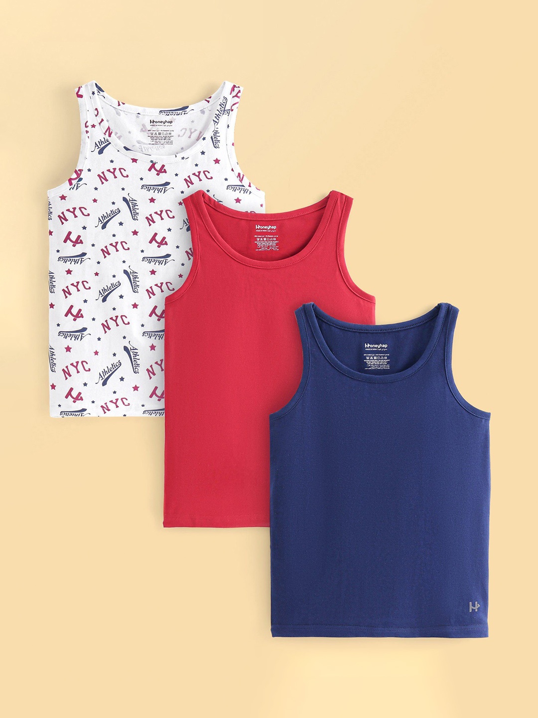 

Honeyhap Boys Pack of 3 Round Neck Innerwear Vests, Red
