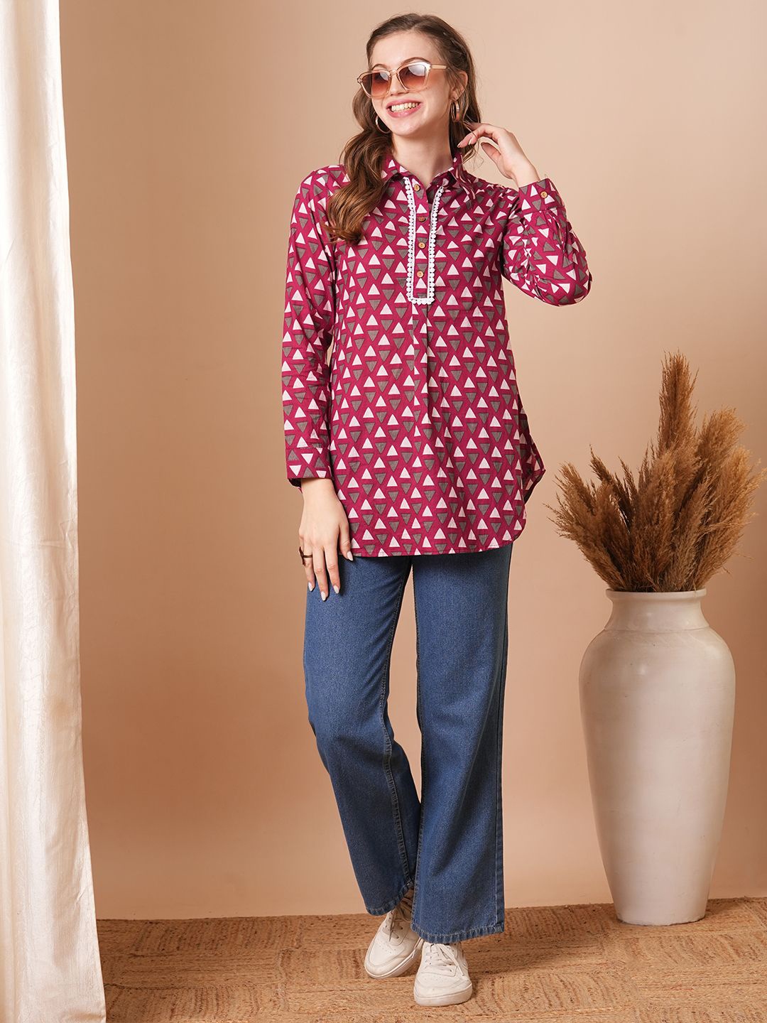 

FASHOR Women Pure Cotton Printed Shirt Collar Kurti, Magenta