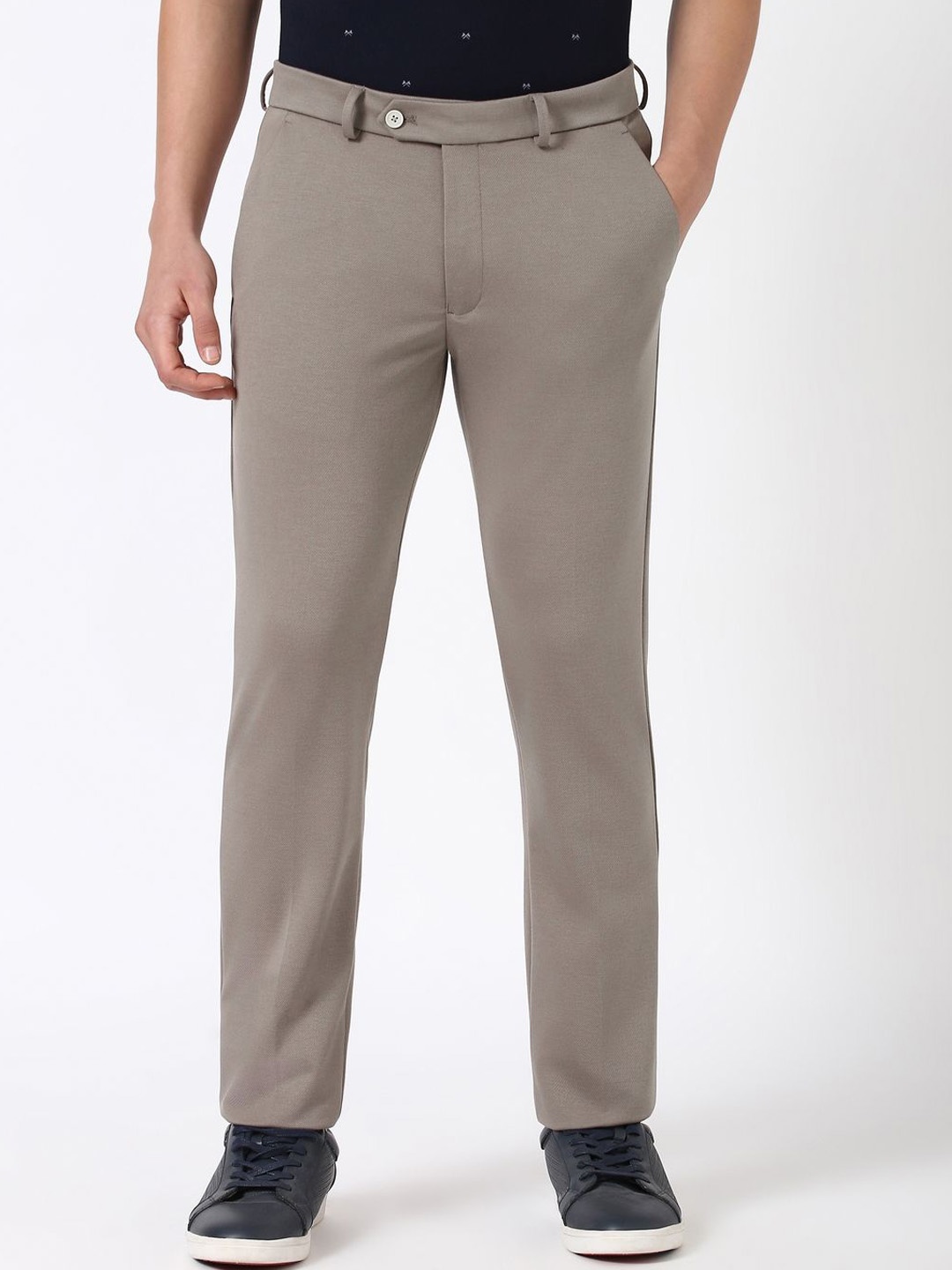 

Peter England Men Super Mid-Rise Slim Fit Regular Trousers, Beige