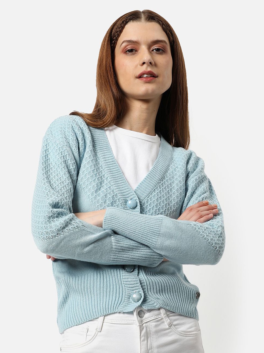 

Campus Sutra Women V-Neck Cable Knit Cardigan Sweater, Blue