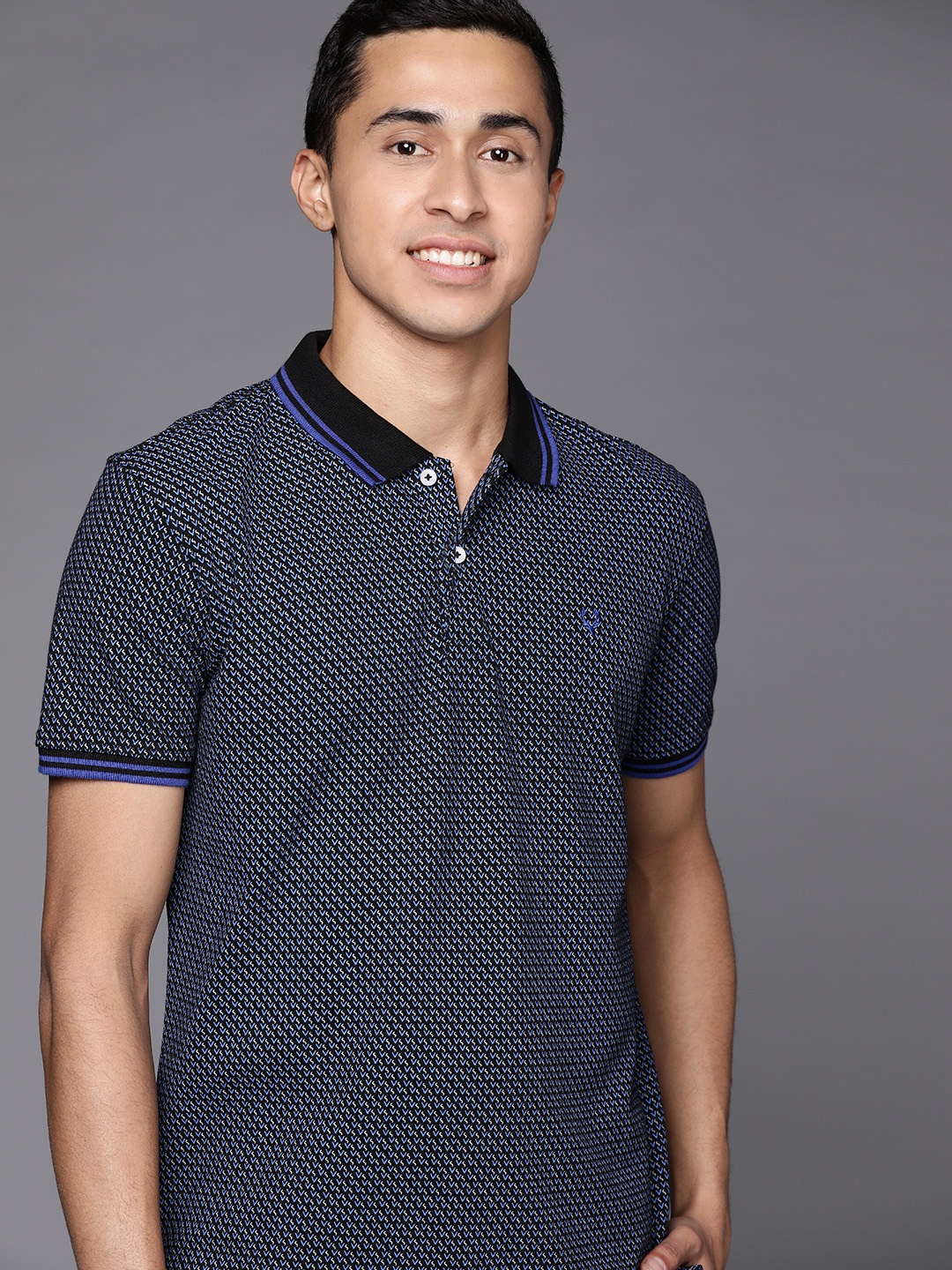 

Allen Solly Men Black & Blue Printed Polo Collar T-shirt