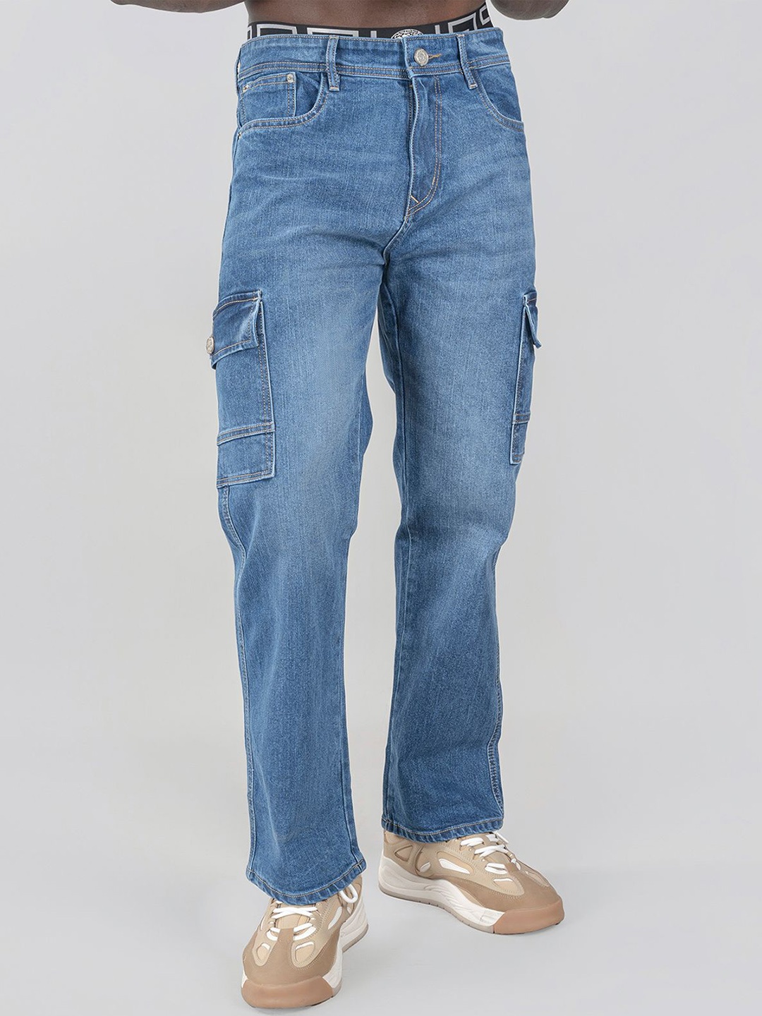 

PEPLOS Men Cotton Clean Look Mid-Rise Light Fade Straight Fit Cargos Jeans, Blue