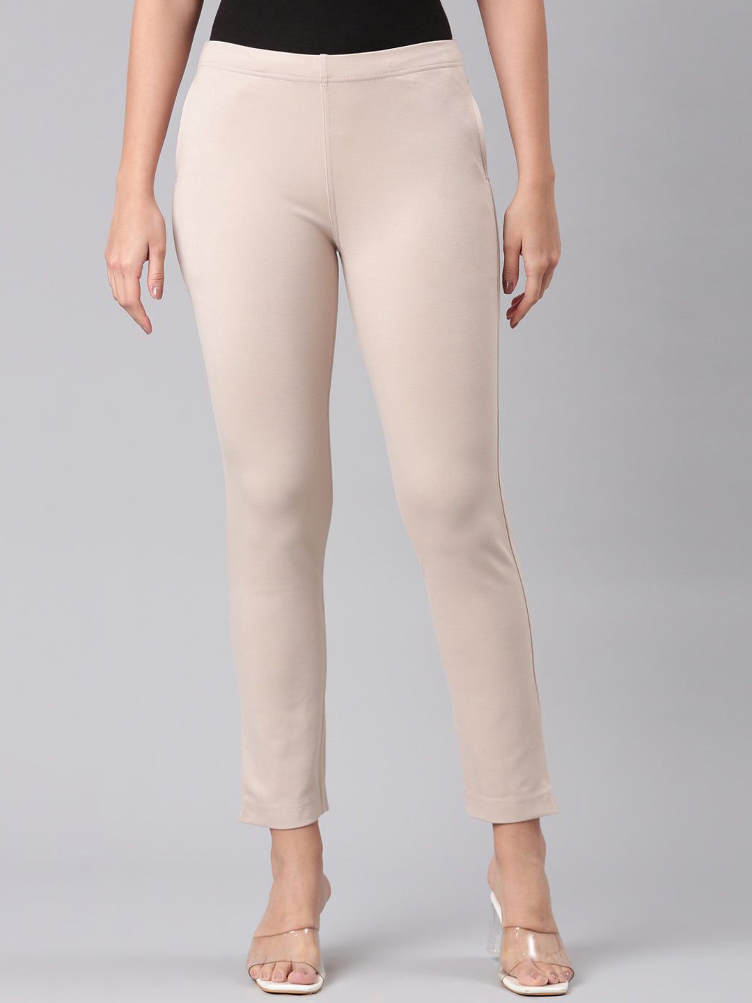 

Go Colors Women Slim Fit Mid Rise Cigarette Trousers, Beige