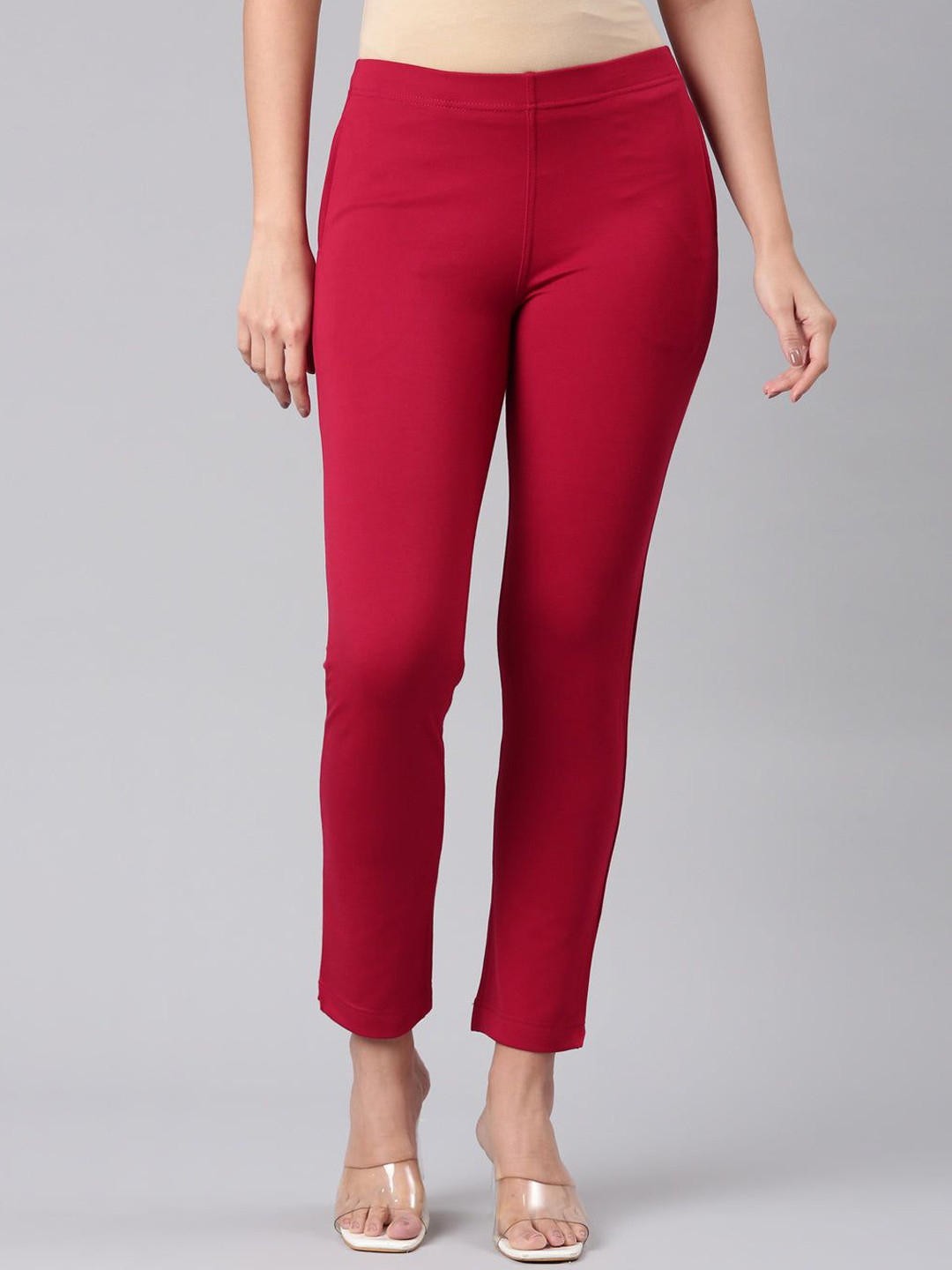 

Go Colors Women Mid Rise Slim Fit Regular Trouser, Red