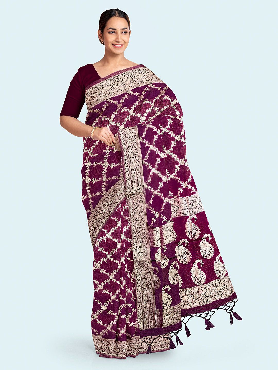 

Meena Bazaar Floral Woven Jaal Art Silk Saree, Purple
