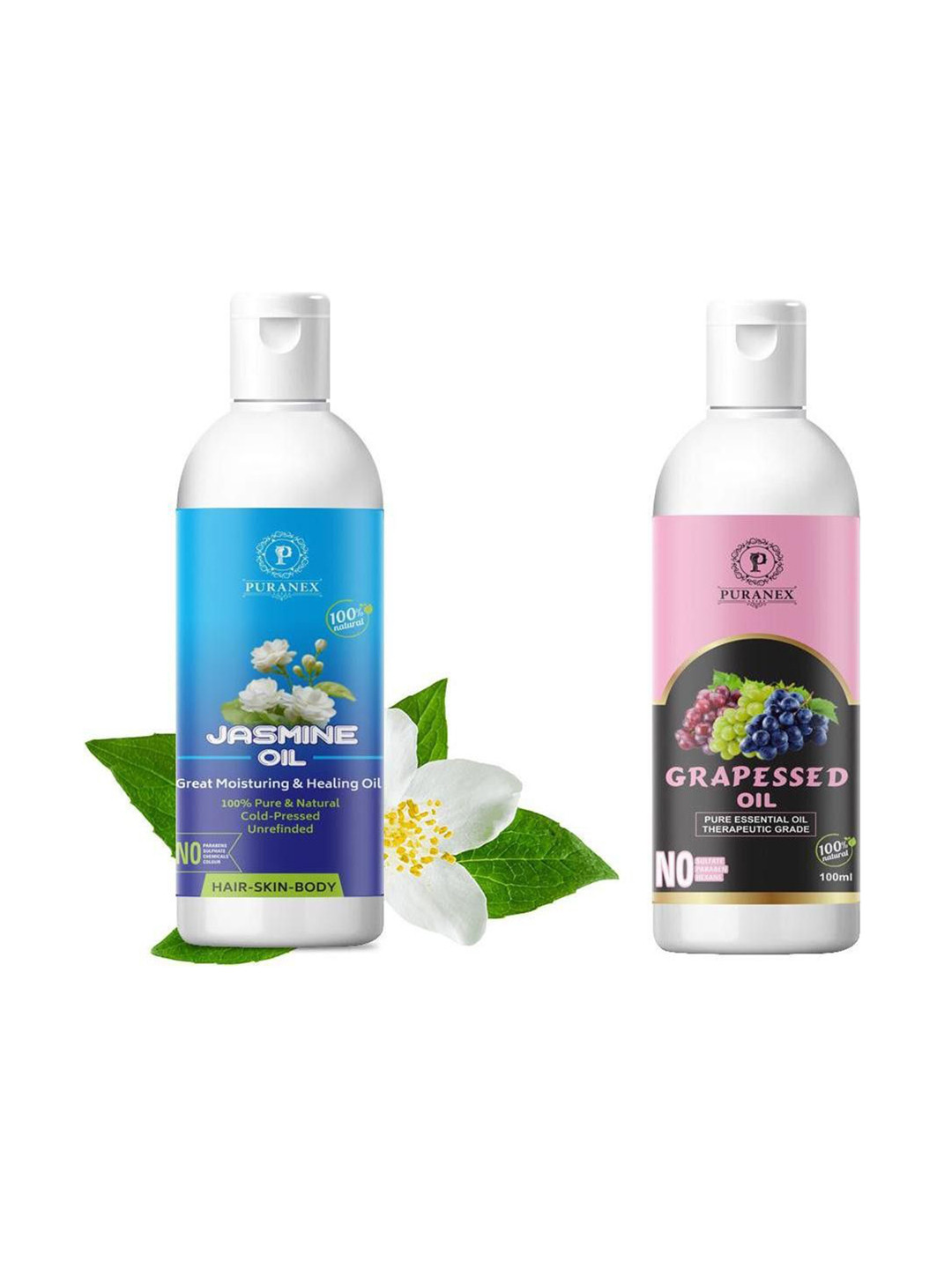 

Puranex Set Of 2 Pure Jasmine Oil & Grapeseed Oils- 100 ml Each, Transparent
