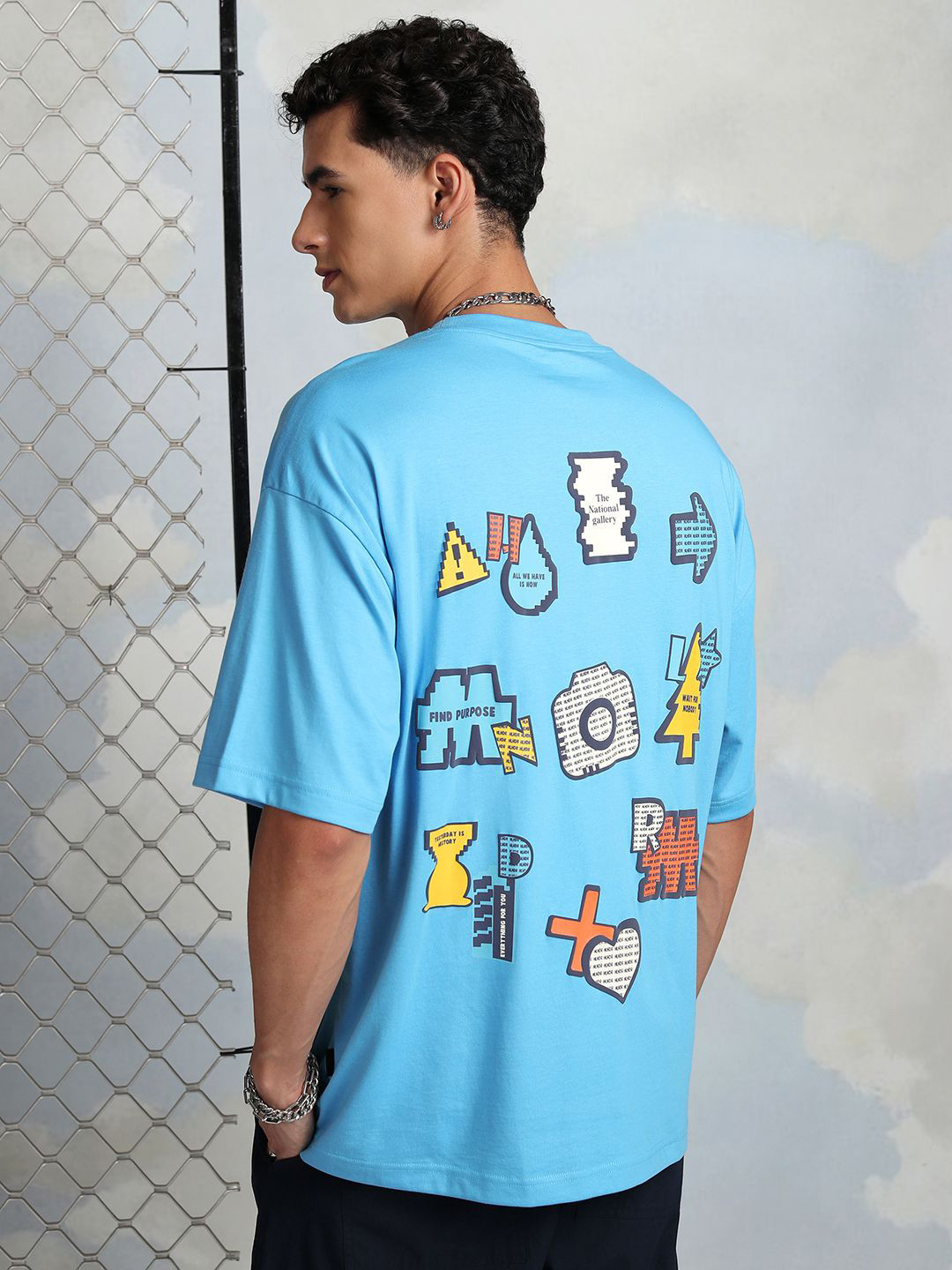 

HIGHLANDER Oversized Graphic Printed Drop-Shoulder Sleeves T-shirt, Turquoise blue