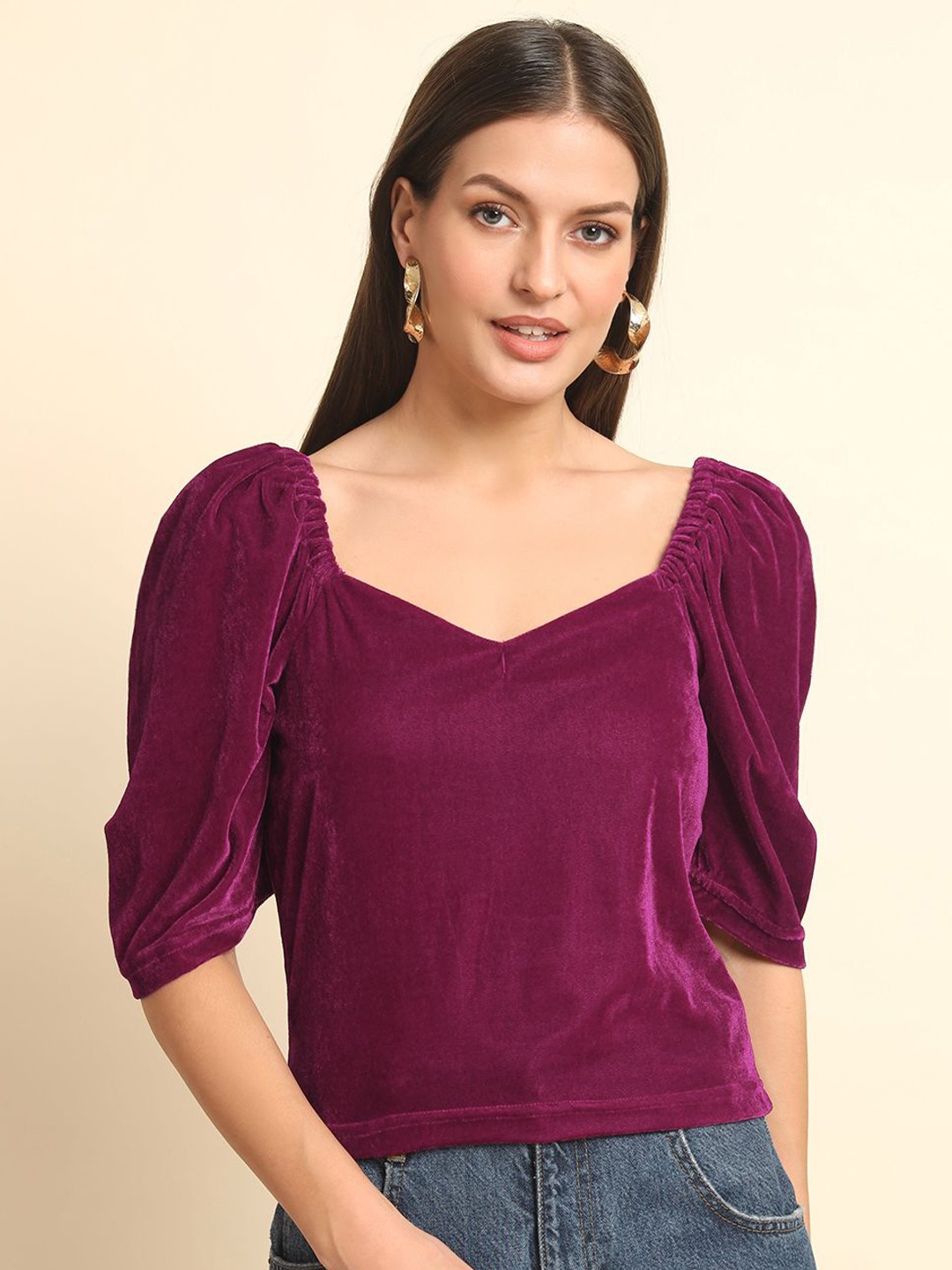 

BAESD Women Sweetheart Neck Puff Sleeve Velvet Top, Purple