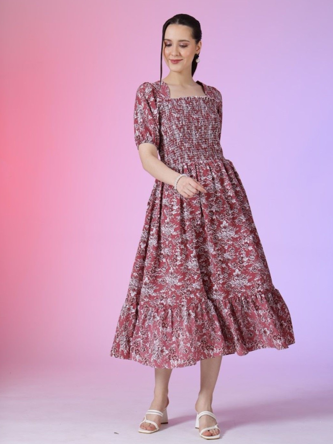 

Krunal Raiyani Women Floral Printed Smocked Square Neck Fit & Flare Puff Sleeves Dress, Pink