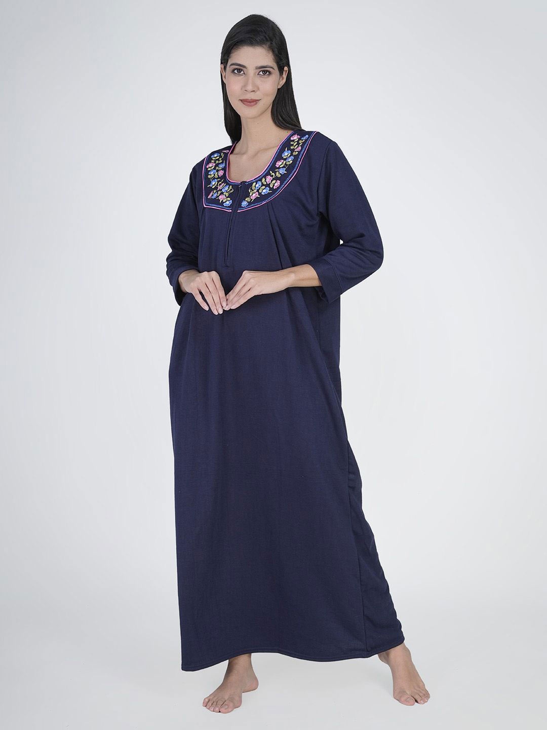 

Aartej Women Embroidered Round Neck Maxi Nightdress, Navy blue