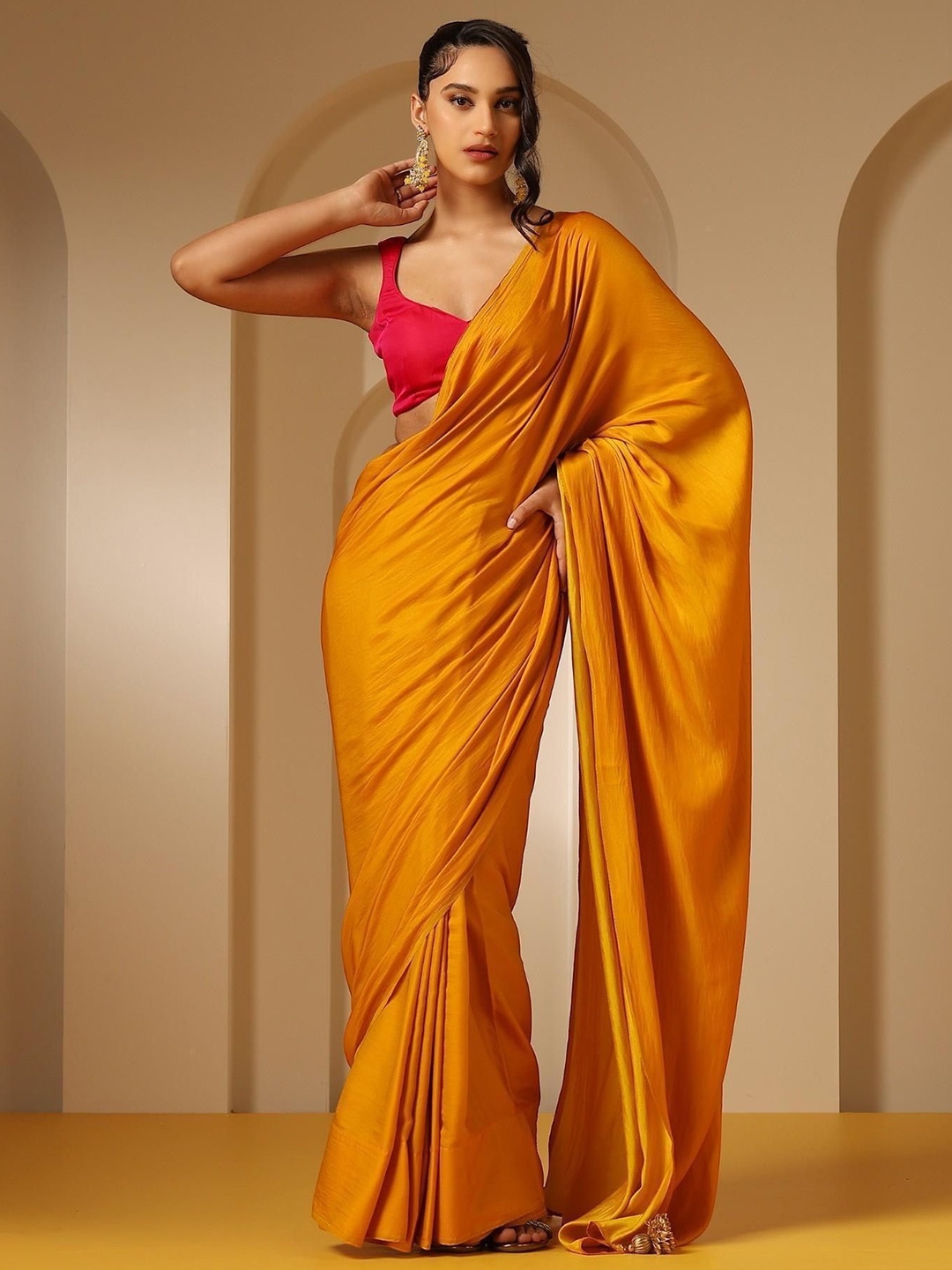 

SWADESI STUFF Solid Pure Chiffon Saree, Yellow