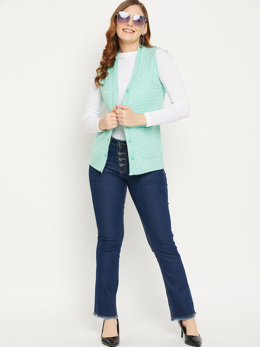 

Zigo Women Cable Knit Woollen Cardigan, Sea green