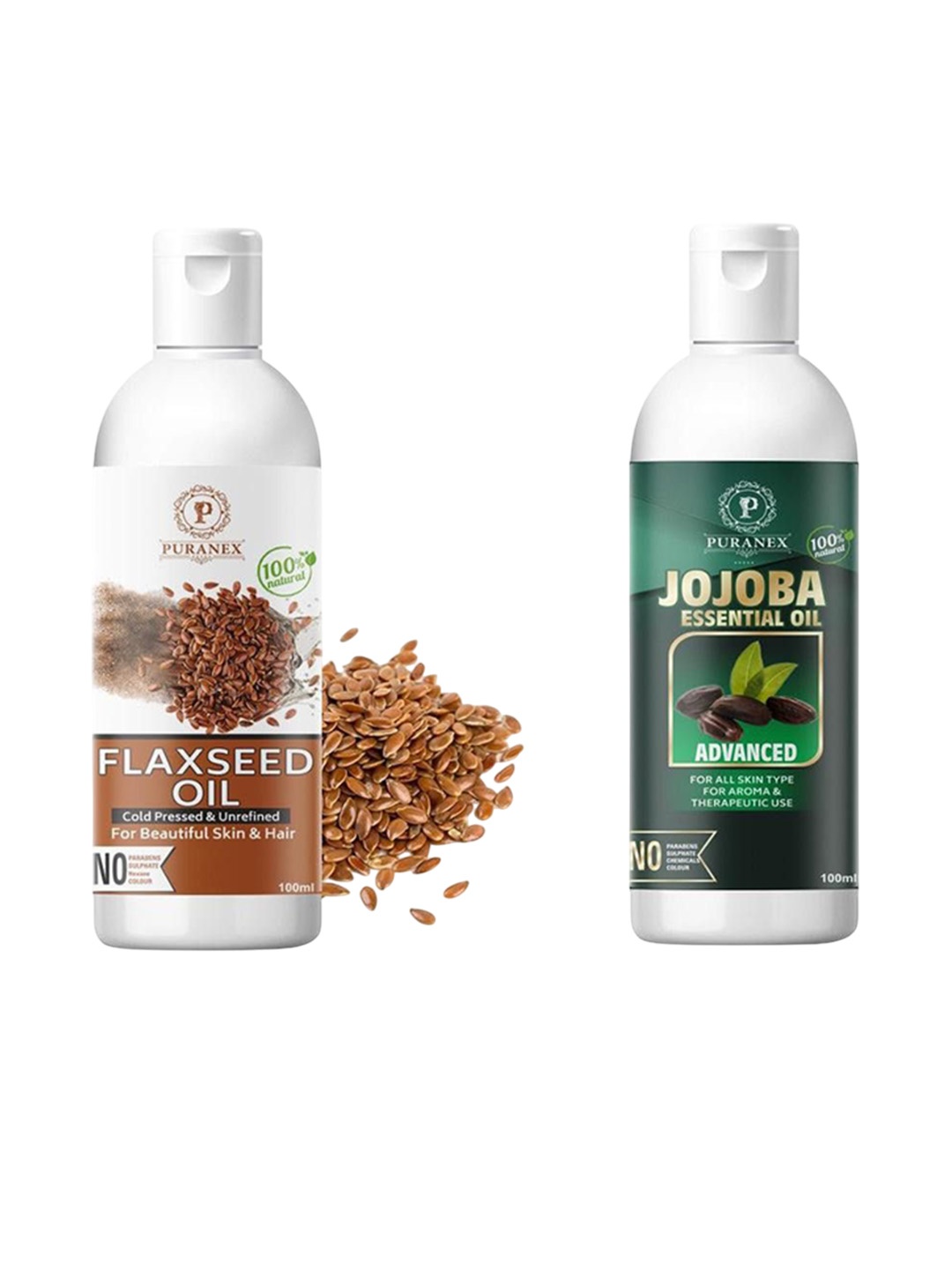 

Puranex Set Of 2 100% Cold Pressed Flax Seed & Jojoba Hair & Skin Oils - 100 ml Each, Transparent