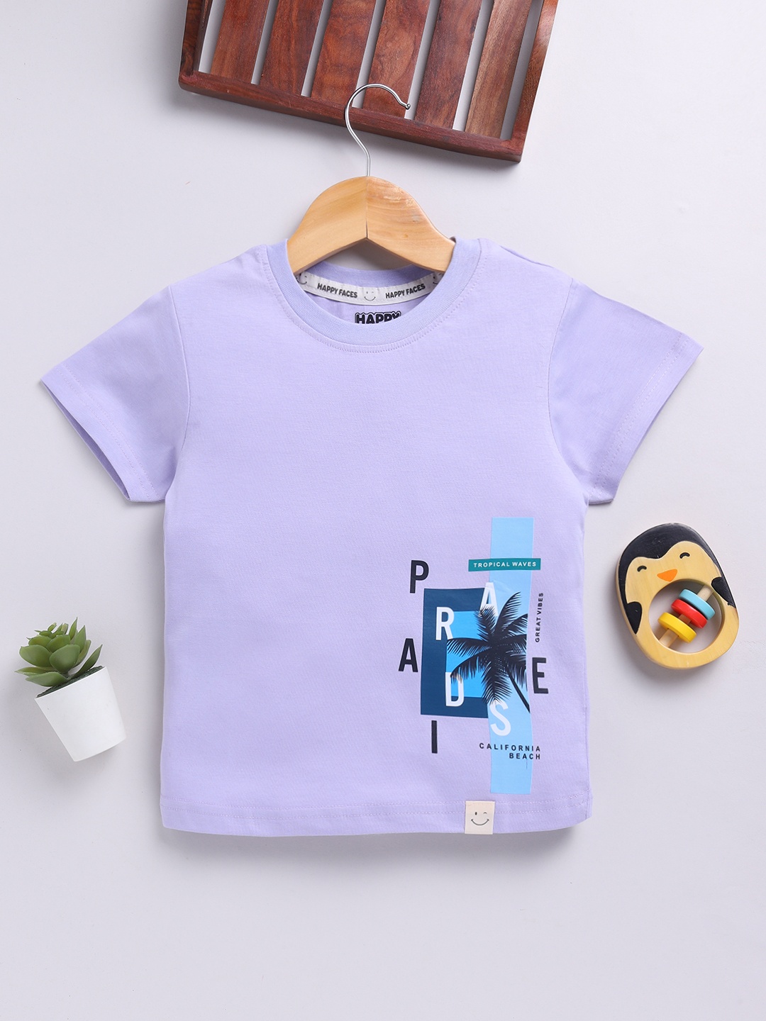 

Happy Faces Boys Pure Cotton Graphic & Typography Printed T-shirt, Lavender