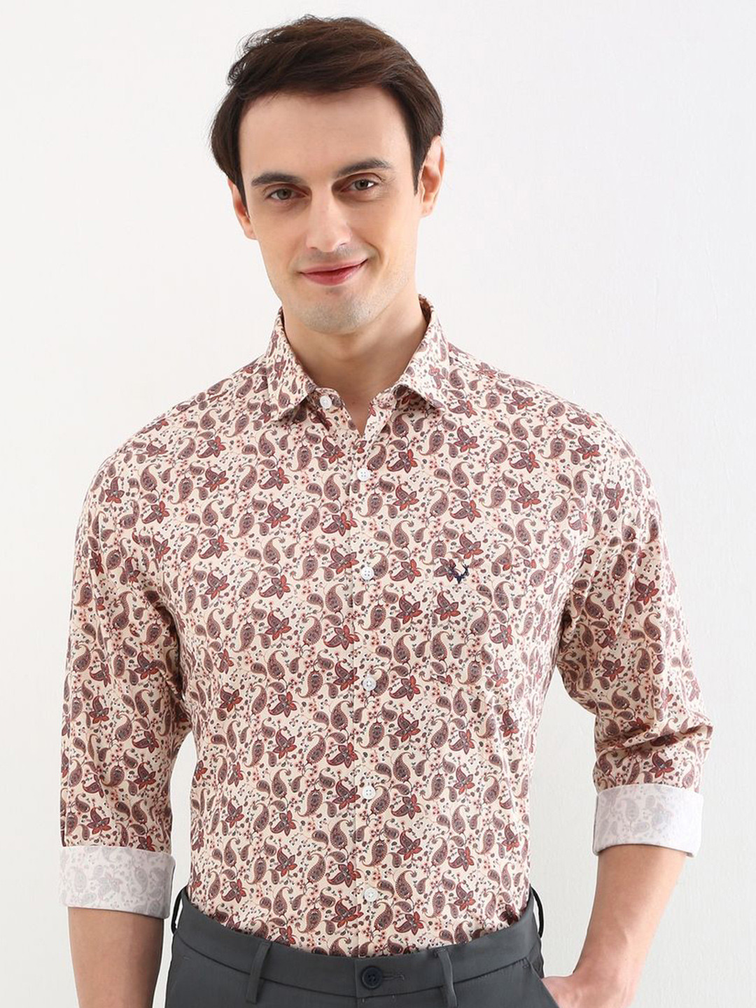 

Allen Solly Men Spread Collar Floral Printed Cotton Slim Fit Formal Shirt, Cream