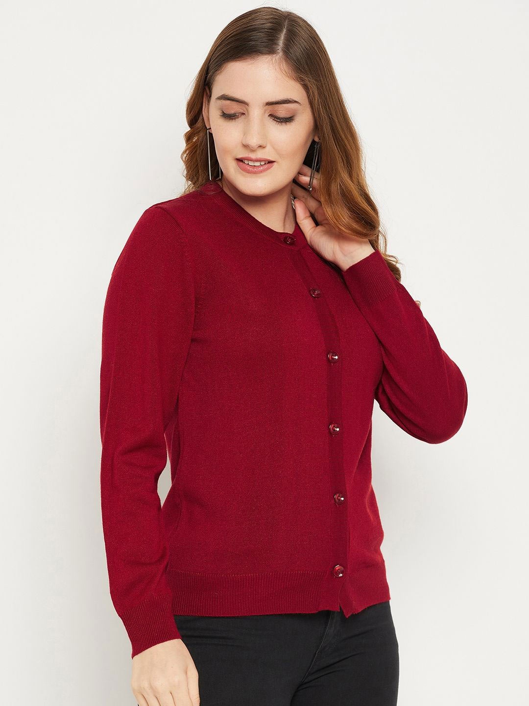 

Zigo Women Round Neck Woollen Crop Cardigan, Maroon