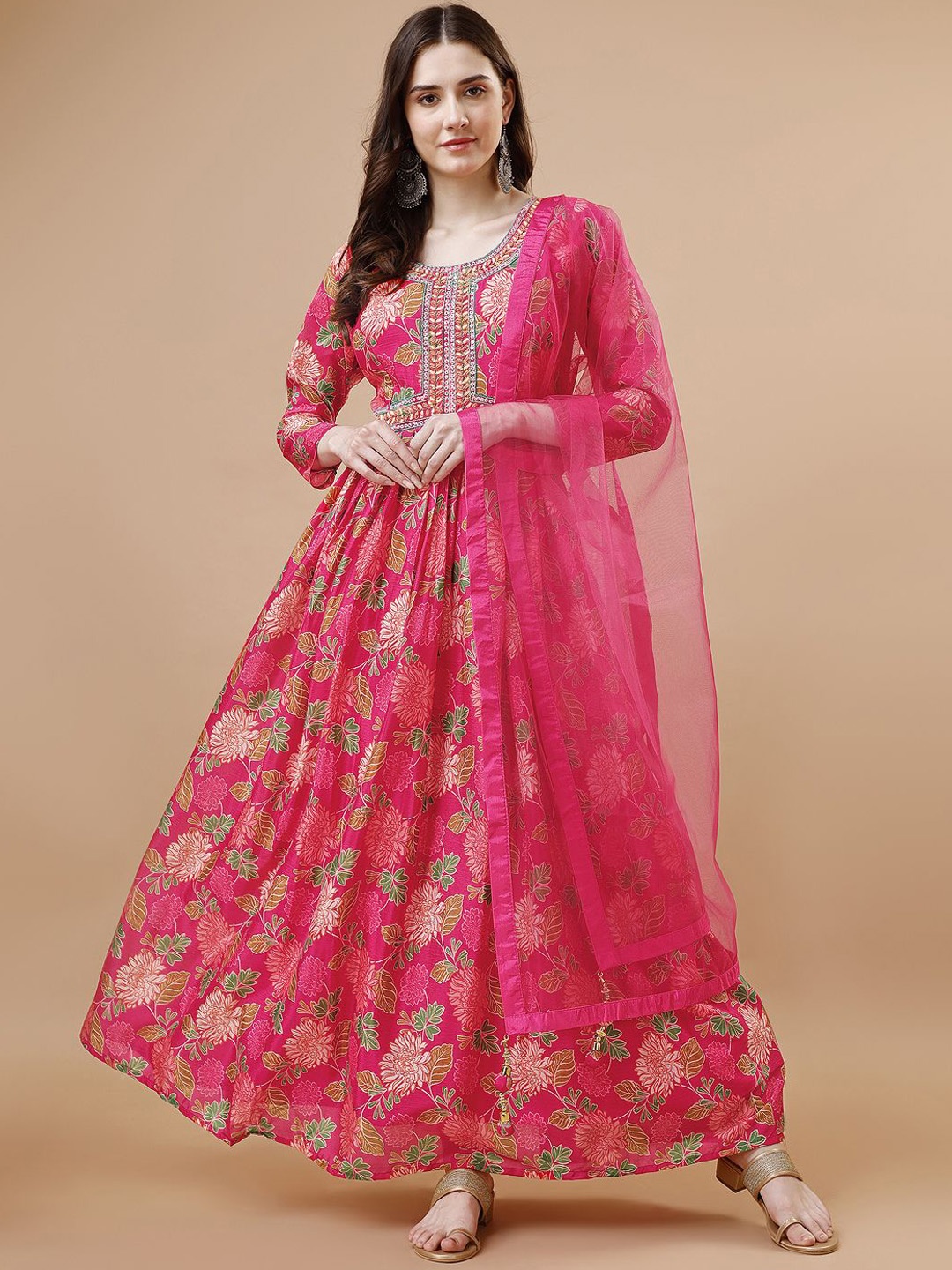 

VANAKARA Women Floral Printed Maxi Ethnic Dress With Dupatta, Red