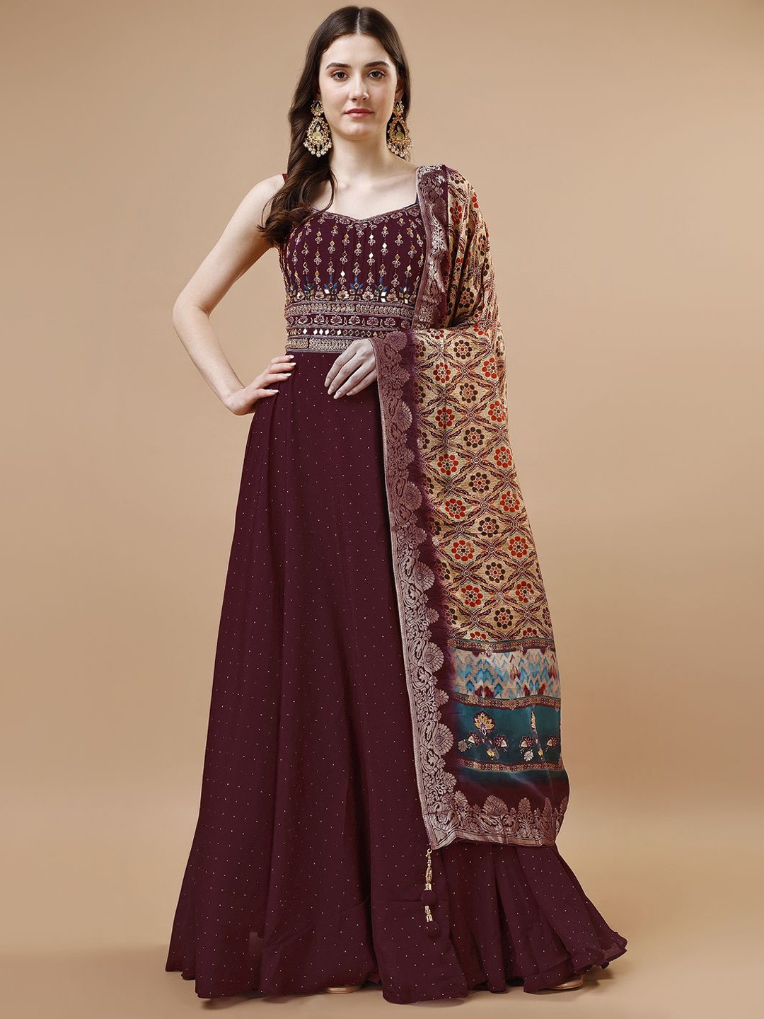 

Vanakara Women Embroidered Maxi Gown with Pure Banarasi Dupatta, Coffee brown