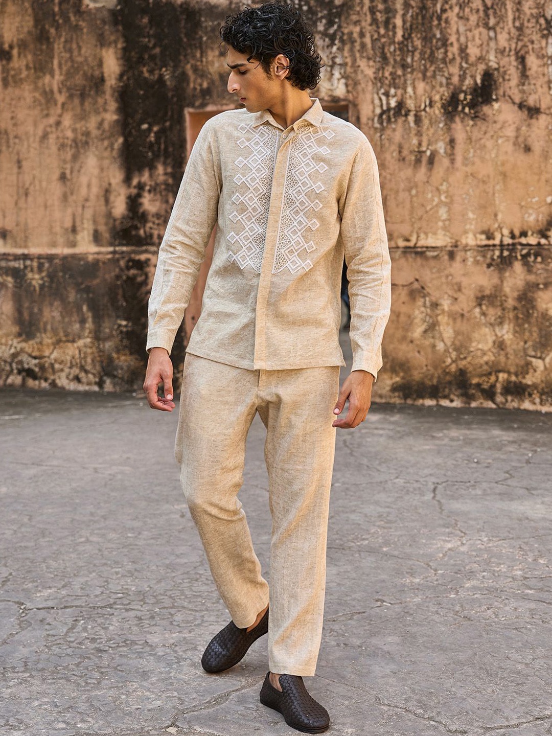 

Dash and Dot Shirt Collar Shirt With Trousers Co-Ords, Nude