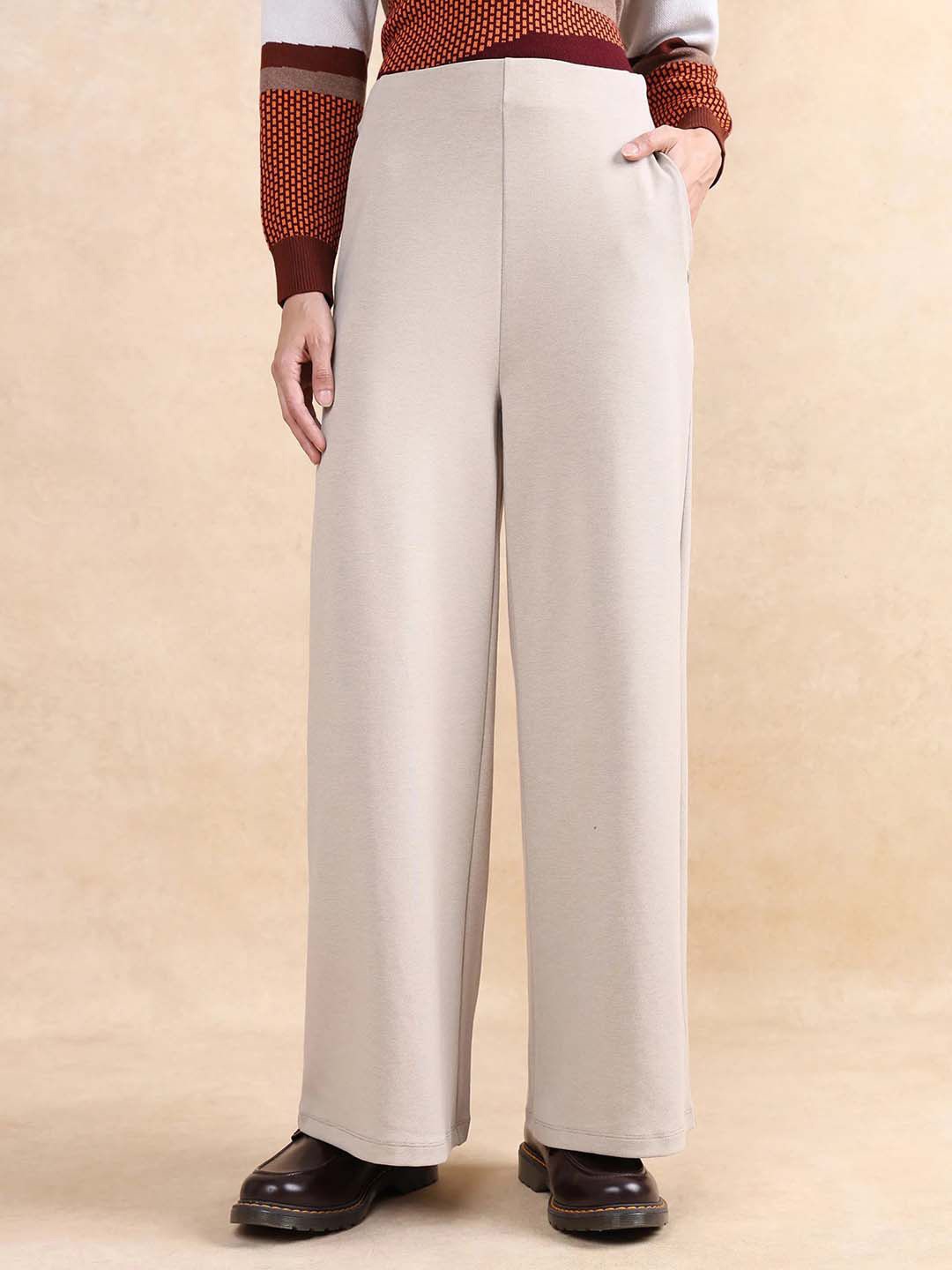 

RAREISM Women Cotton Comfort Loose Fit High-Rise Trouser, Beige