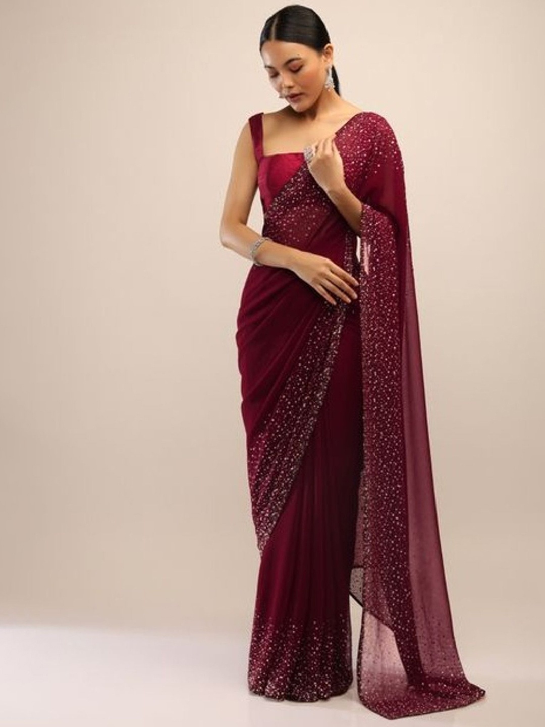 

SWADESI STUFF Embellished Beads and Stones Pure Georgette Heavy Work Saree, Maroon