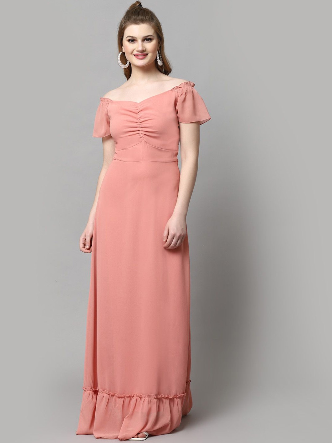 

BAESD Georgette Smocked Off-Shoulder Ruched Maxi Dress, Peach