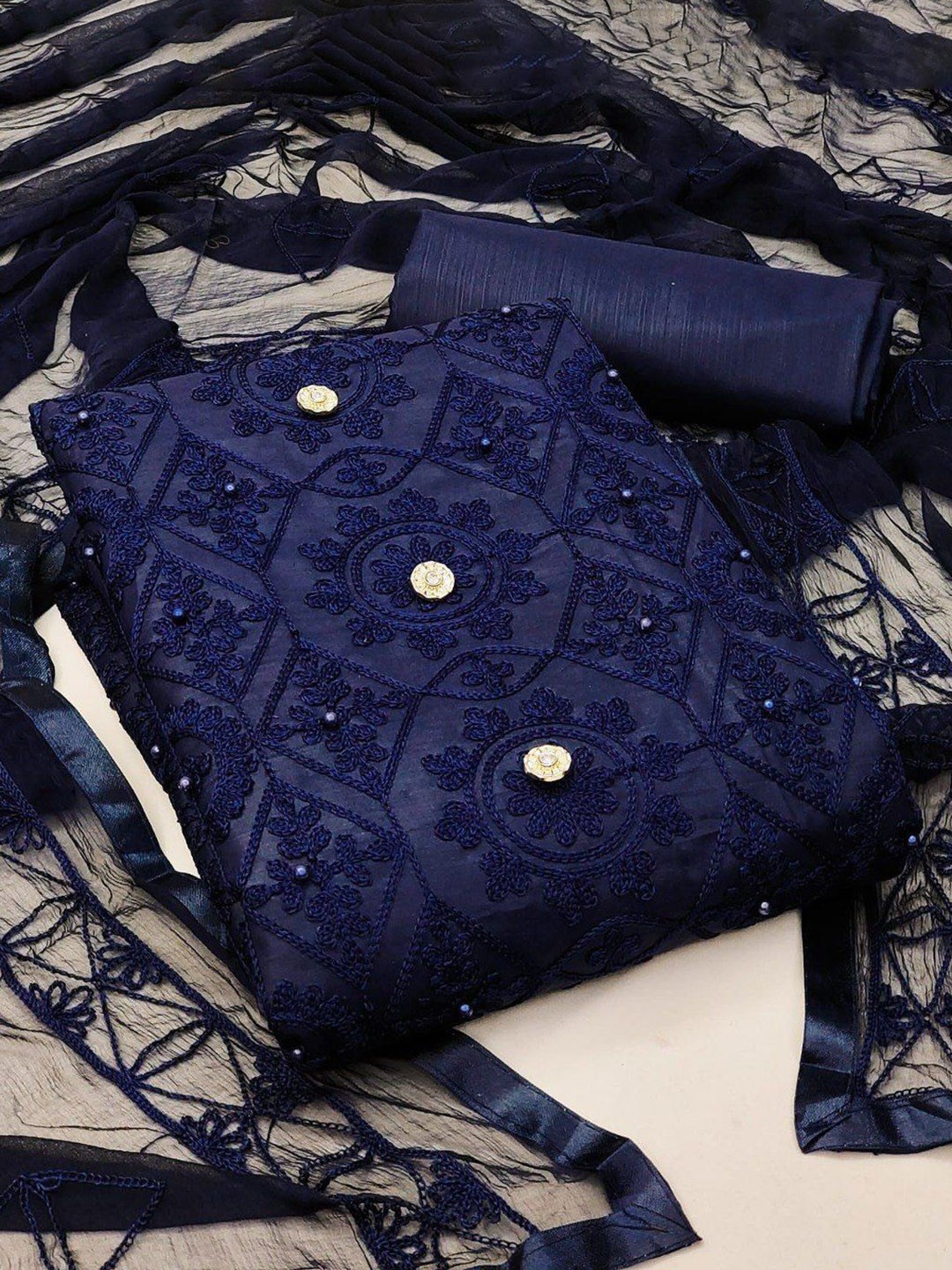 

Suha Unstitched Dress Material, Navy blue