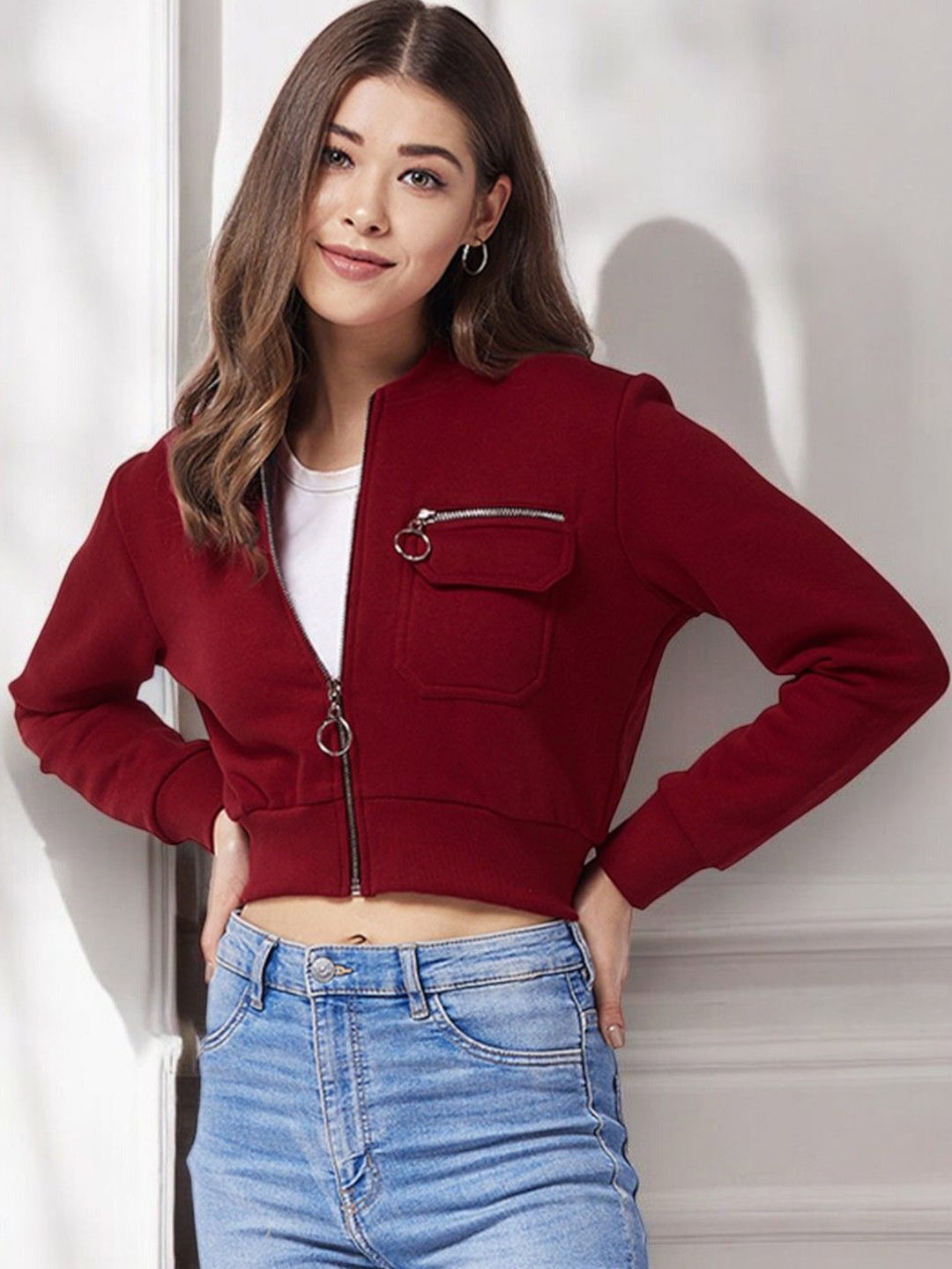 

DressBerry Women Crop Bomber with Patchwork Jacket, Maroon