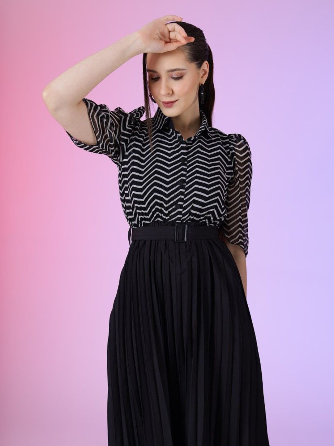 

Krunal Raiyani Women Accordion Pleats Fit & Flare Maxi Dress Comes with a belt, Black