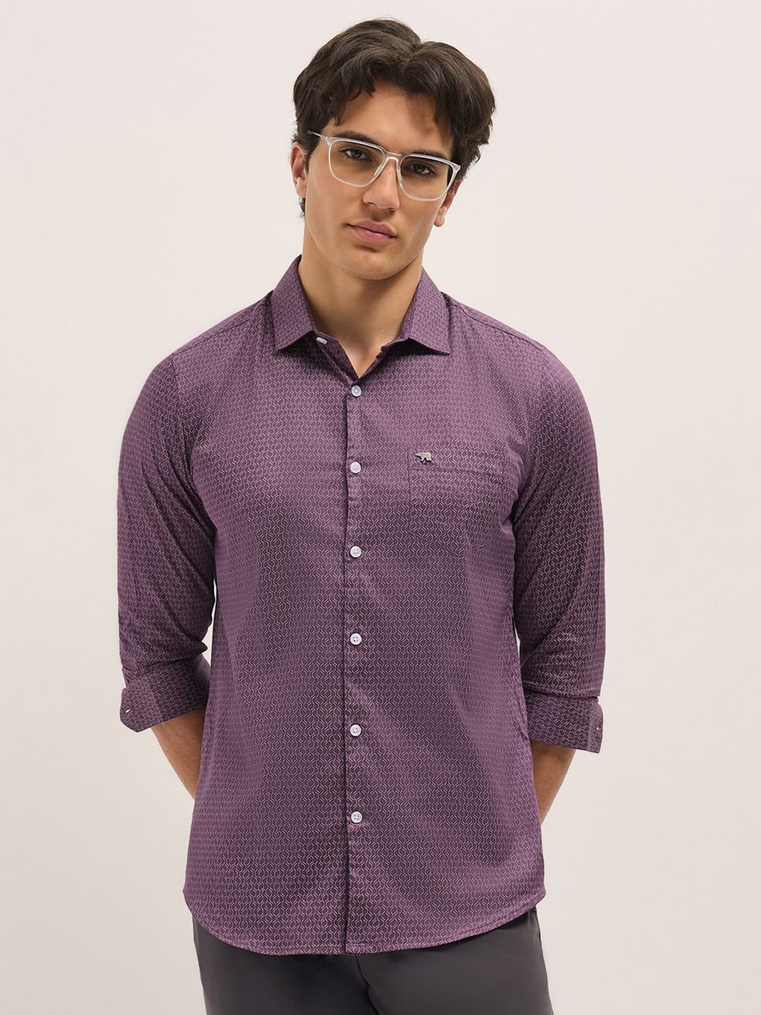 

THE BEAR HOUSE Men Tailored Fit Opaque Printed Formal Shirt, Purple