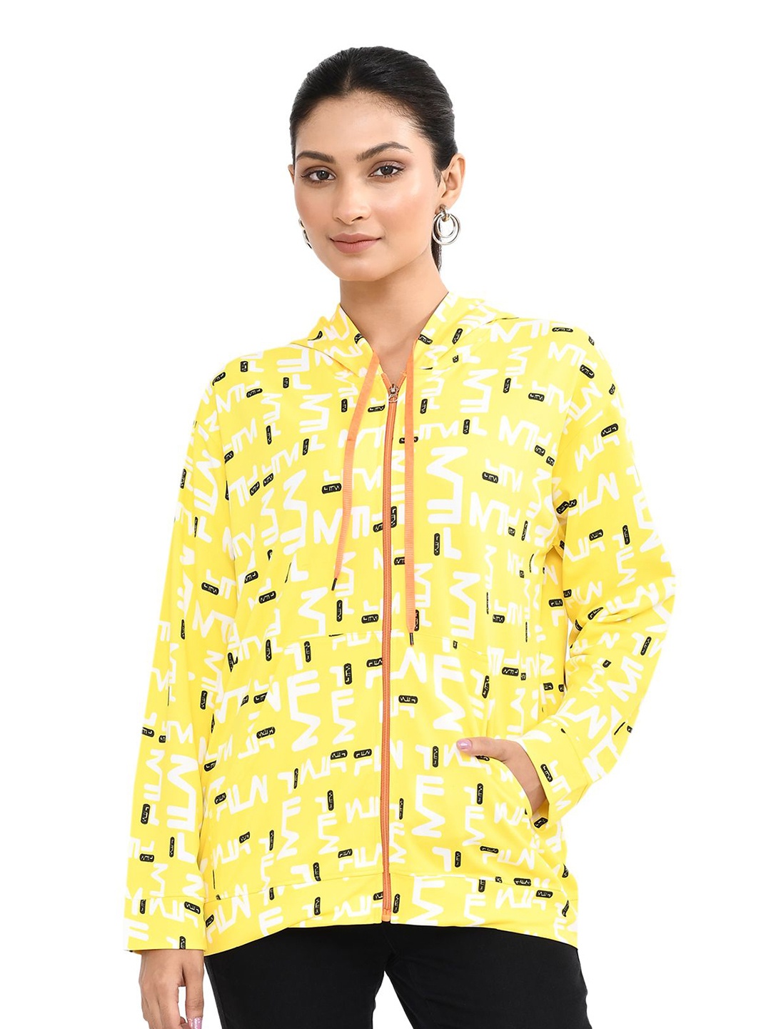 

RAPL Women Printed Hooded Front-Open Sweatshirt, Yellow